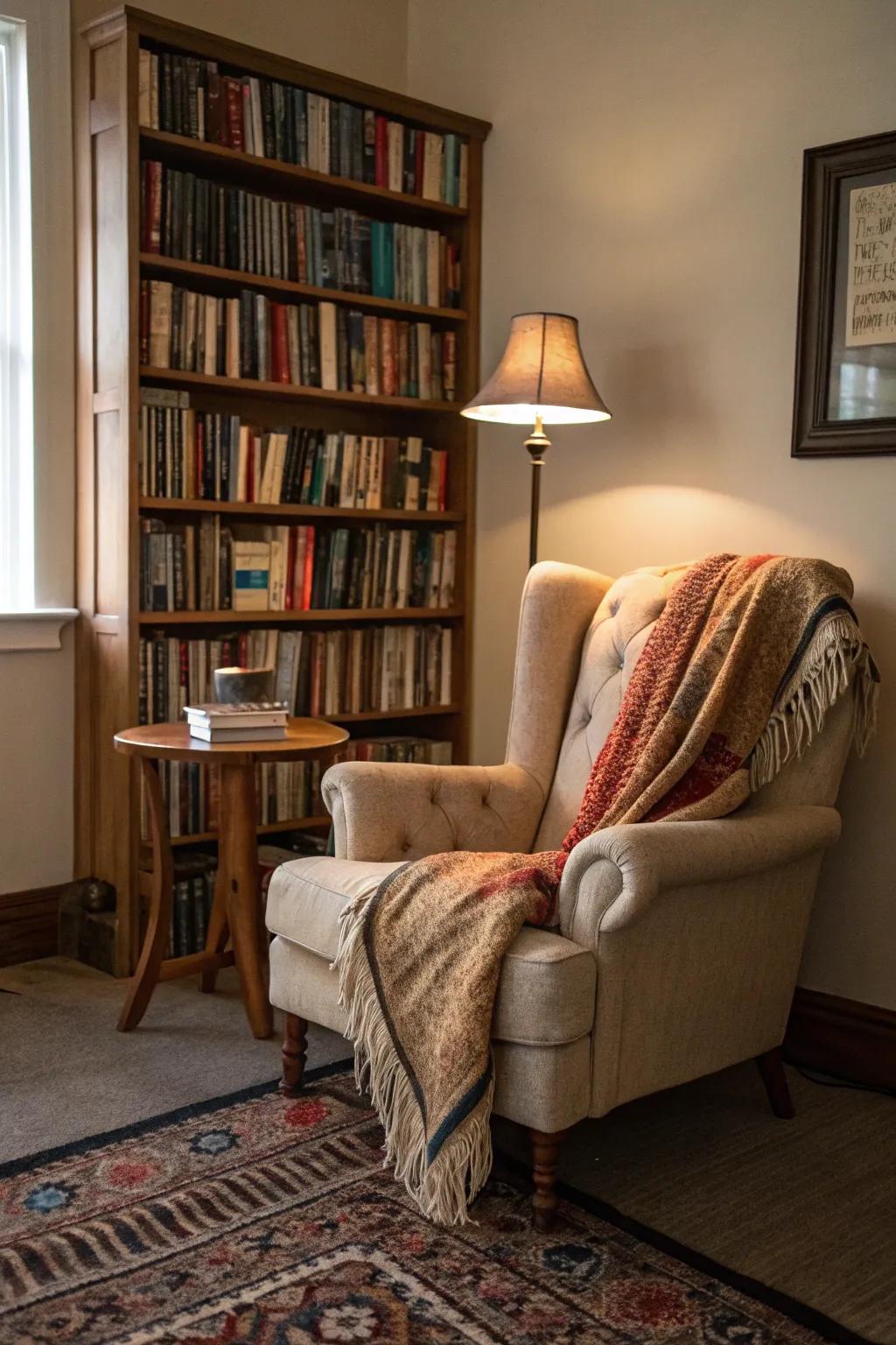 A welcoming reading nook tailored for book enthusiasts to unwind and enjoy their favorite reads.