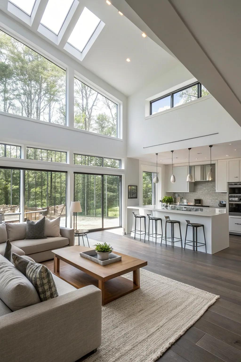 An open-plan layout elegantly combines living and kitchen spaces.