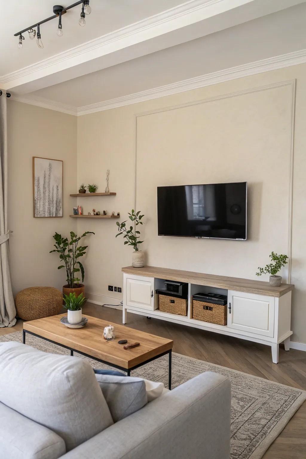A minimalist living room showcases a wall-mounted TV, exuding a clean and contemporary charm.