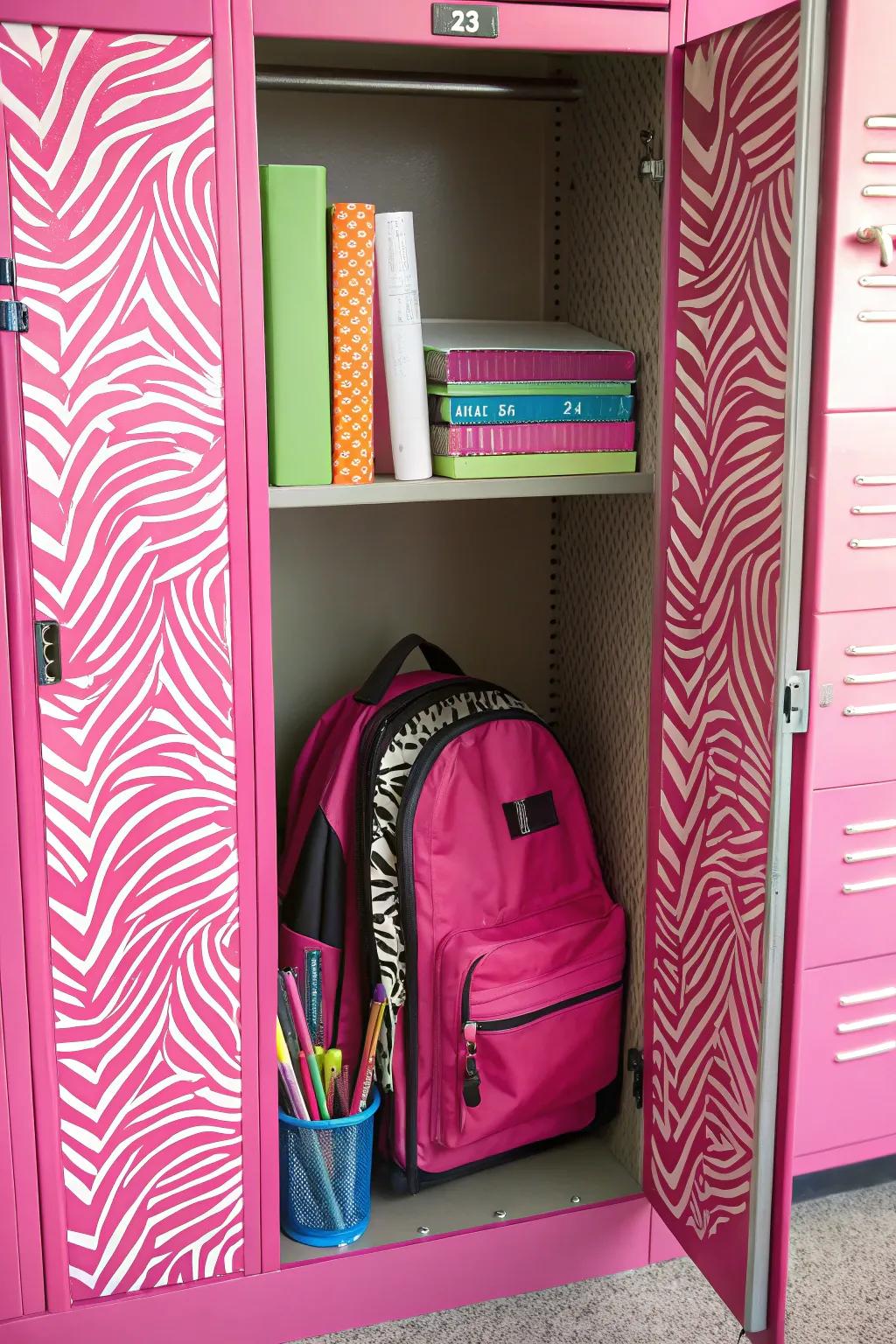 A locker filled with vibrant pink and zebra designs, creating a lively atmosphere.