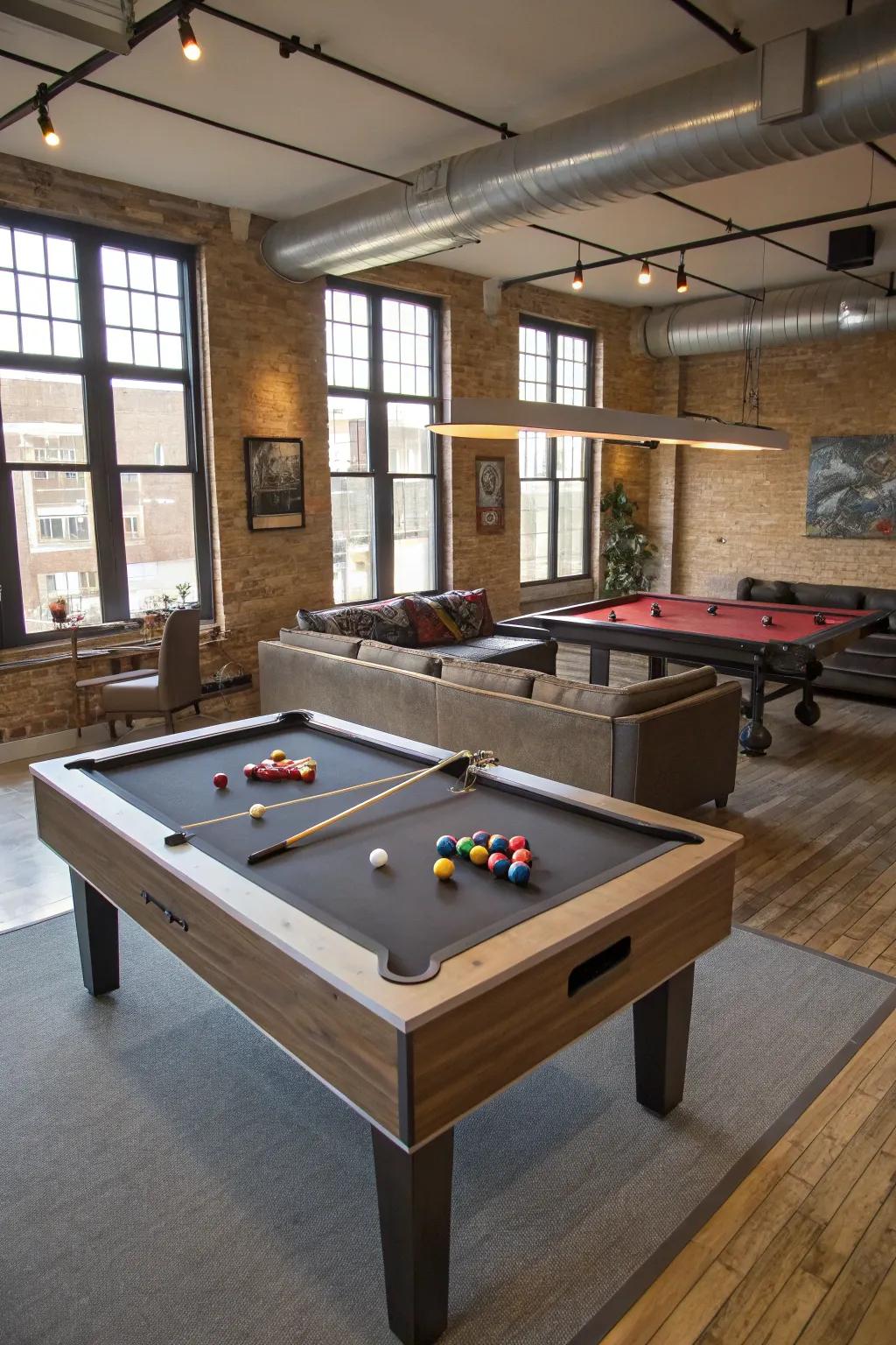 A versatile game table serves as a practical and flexible focal point for any game room.