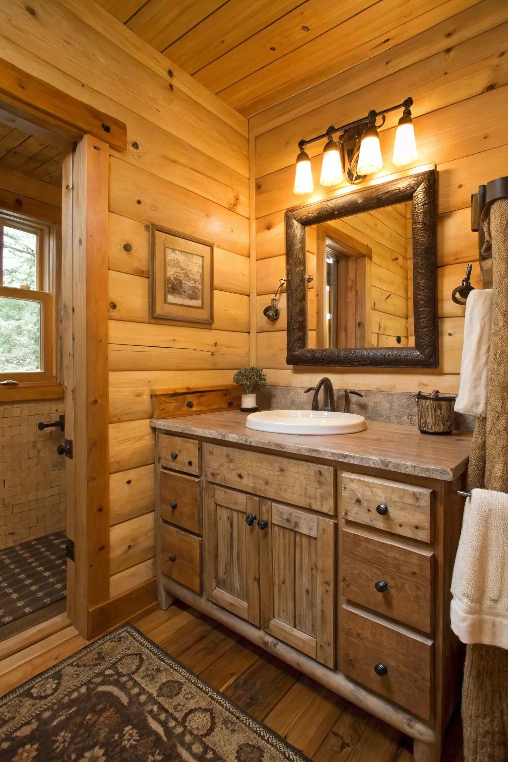 A log cabin bathroom showcasing a reclaimed wood vanity.