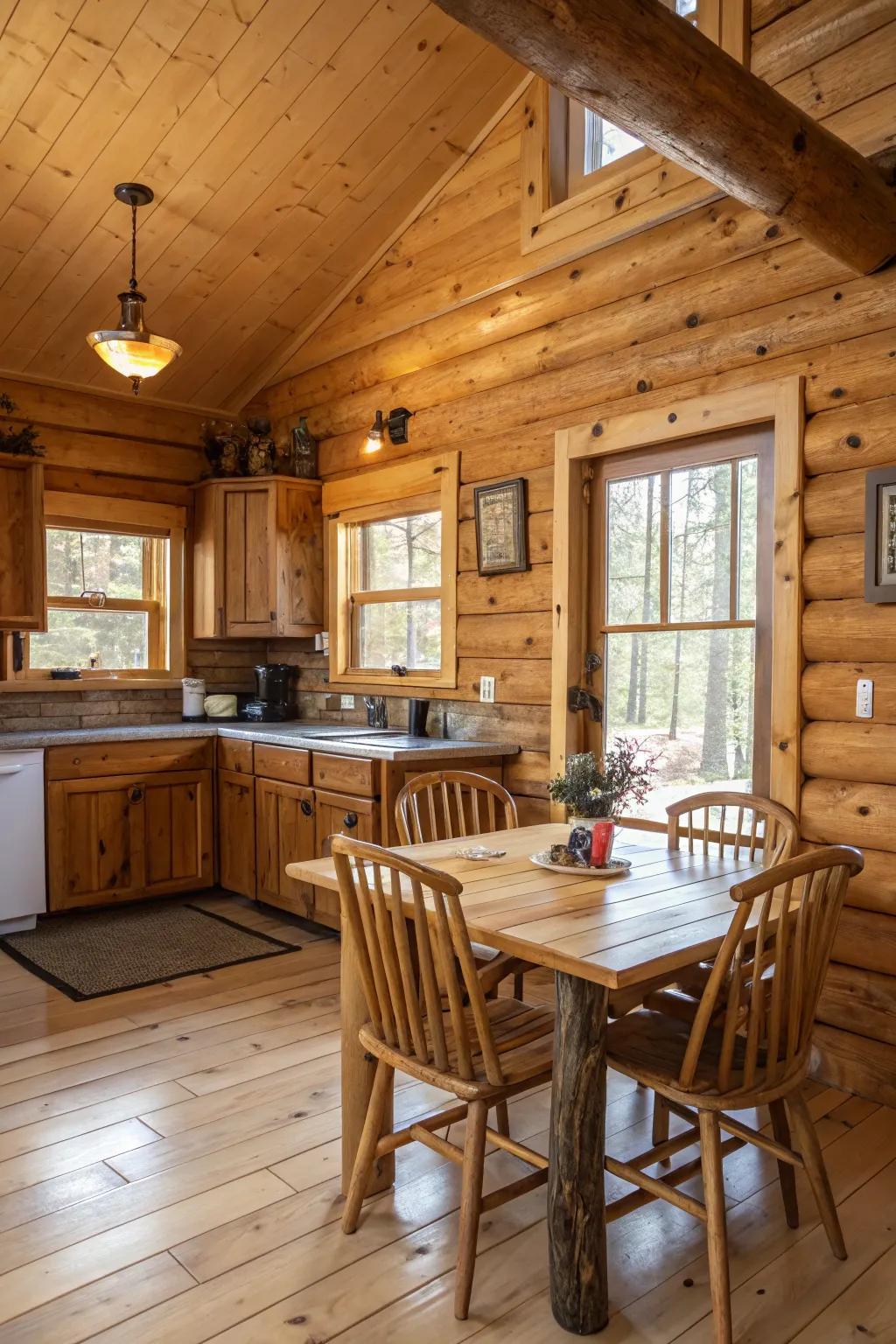 A log cabin kitchen showcasing natural wooden cabinets and wall features.