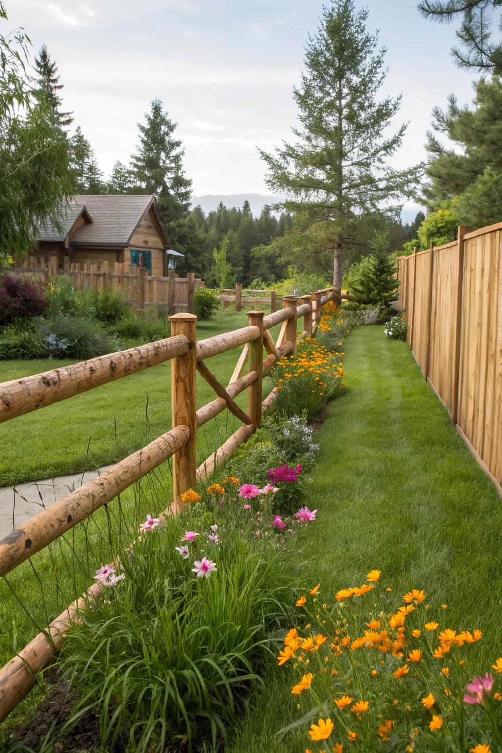 Diagonal log configuration provides a distinct touch to traditional fencing.