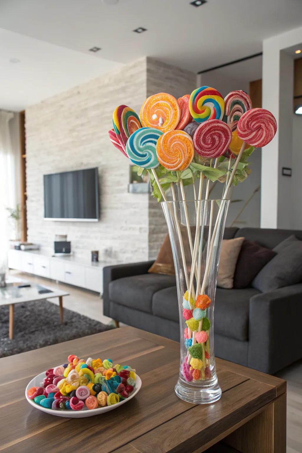 A cascade of rainbow lollipops adds a cheerful touch to the room.