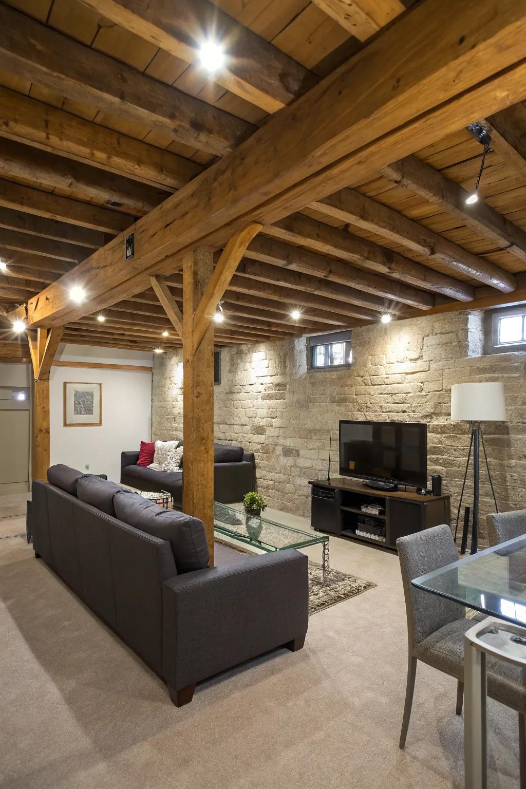 Exposed beams lift the eye and give character to a low-ceilinged space.