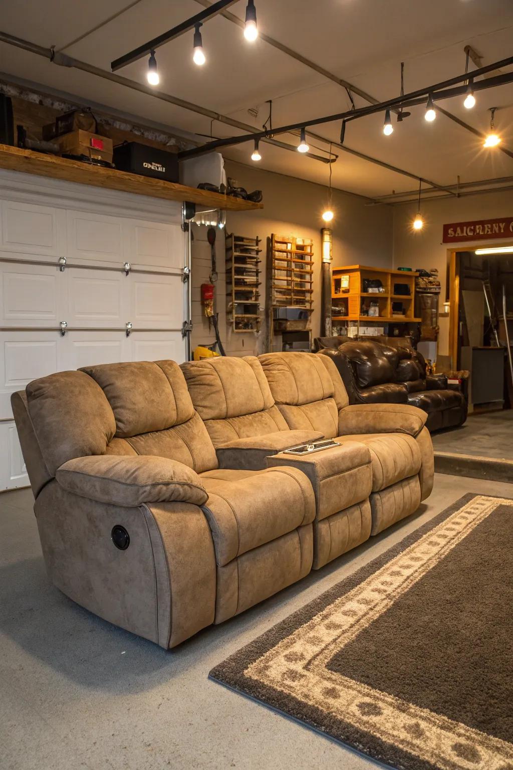 Inviting seating establishes a relaxed atmosphere for your garage man cave.