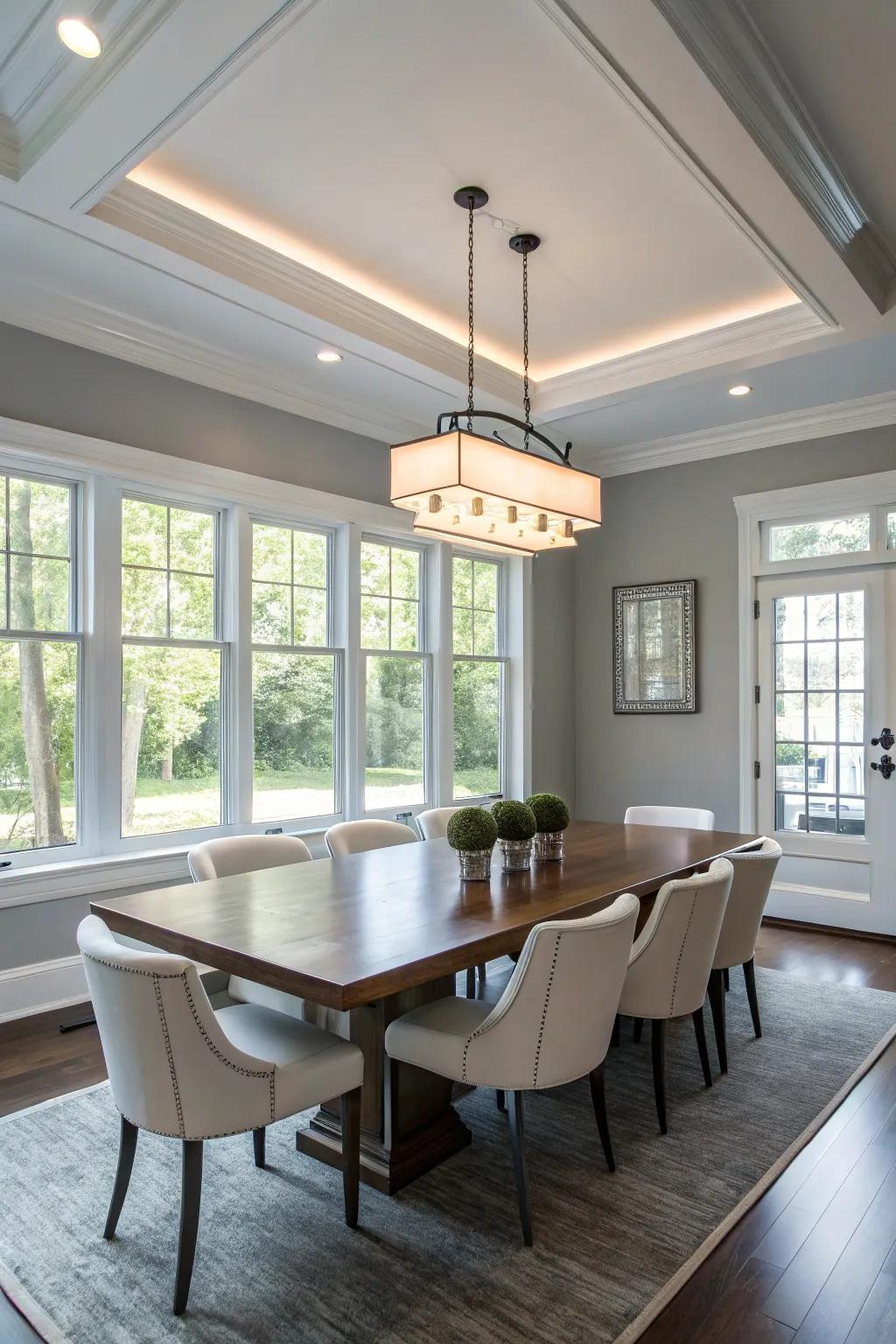 A contemporary dining room showcases a flush mount ceiling light.