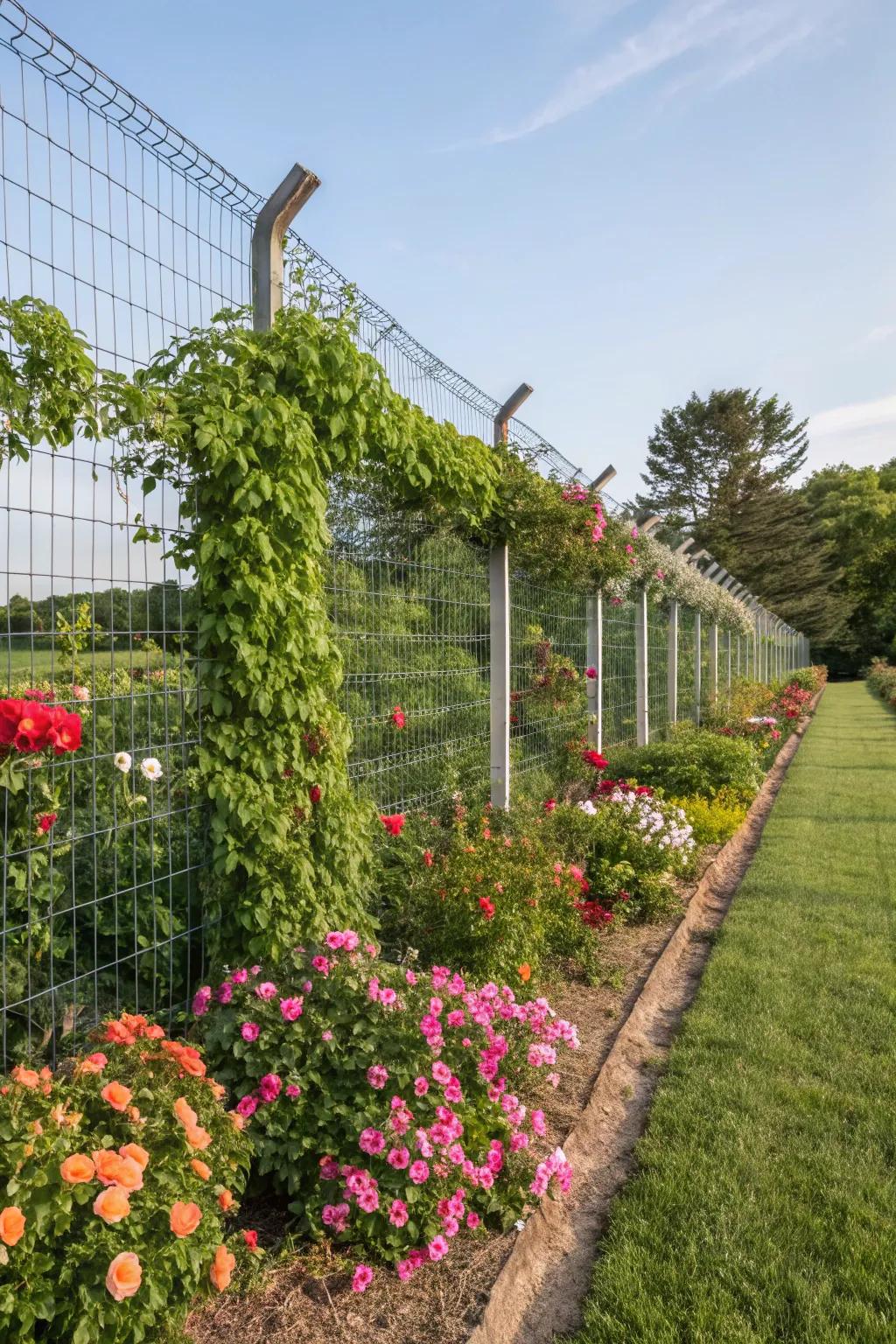 Enhance your garden with a cost-effective wire mesh fence adorned with climbing plants.