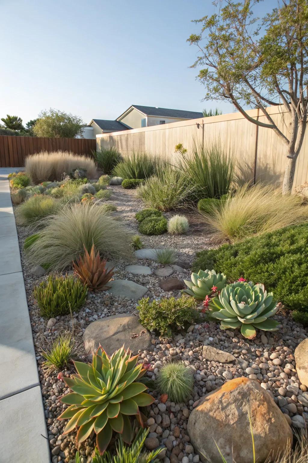 A front yard showcasing native grasses and various drought-tolerant succulents.