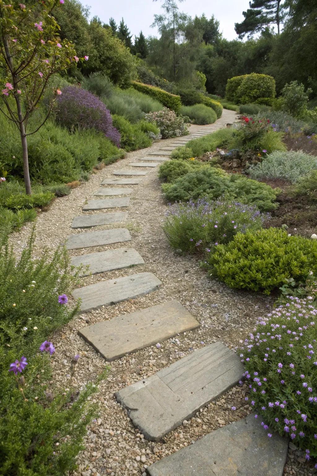 A gravel pathway bordered by lush, low-maintenance plants.