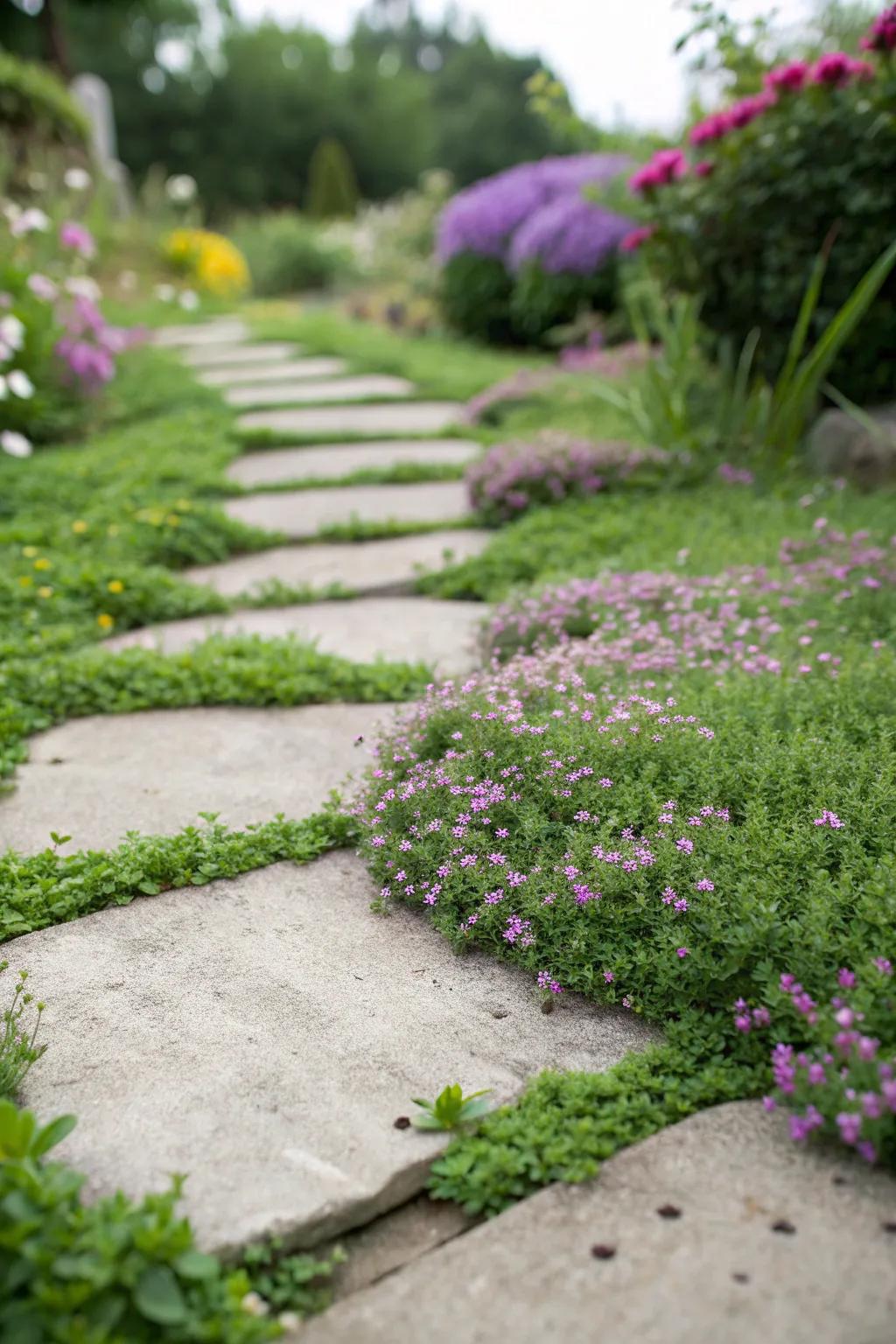 Trailing Thyme enriching the gaps between garden pavers.