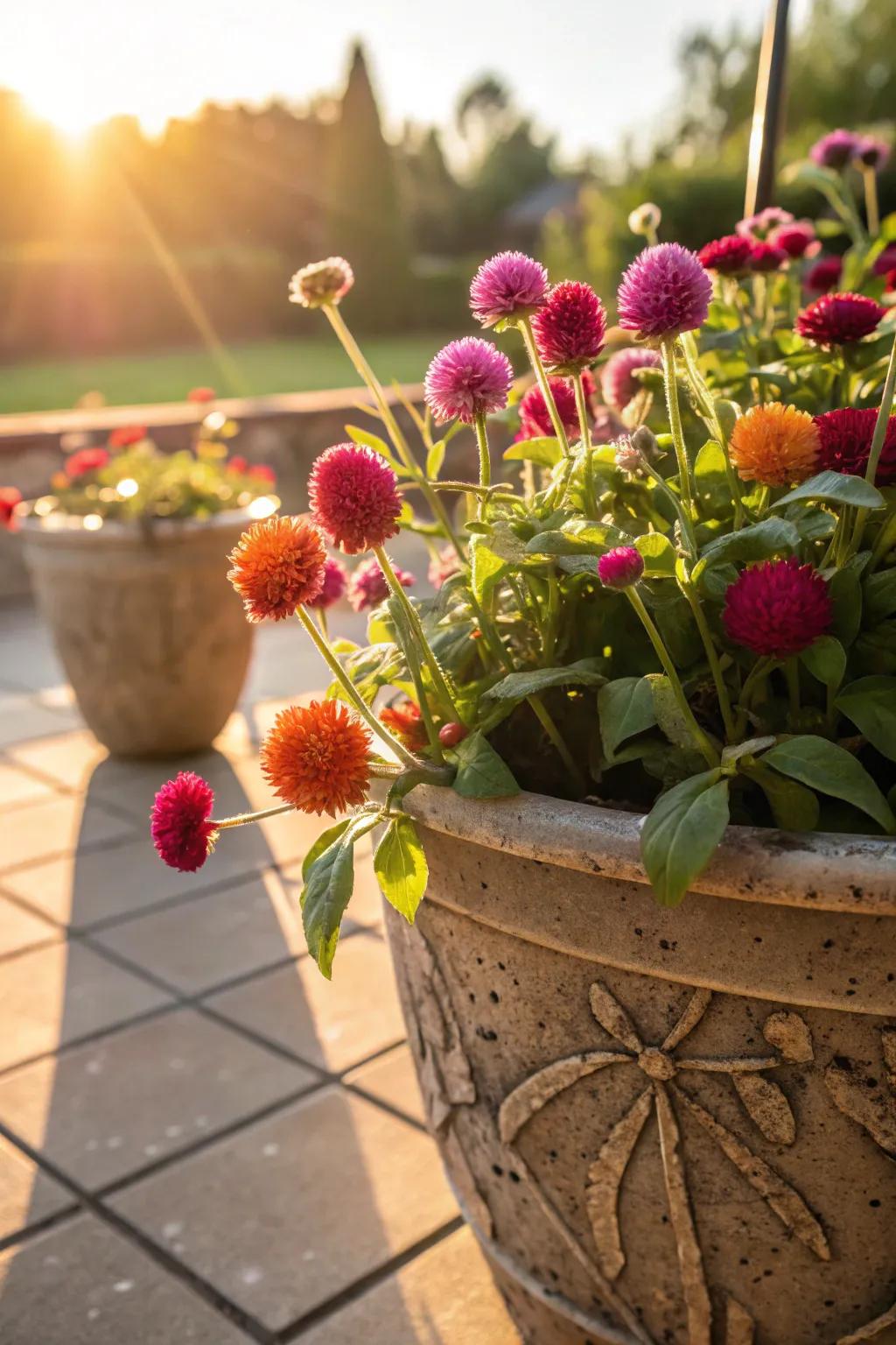 Globe Amaranth flowers adding joy to a sunny patio.
