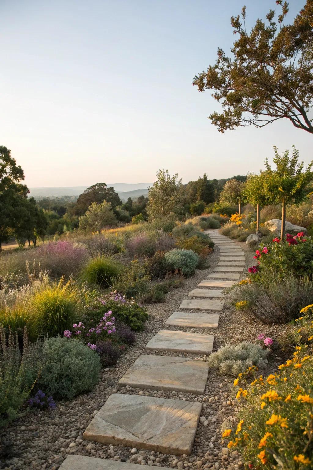 A clearly defined walkway lined with stones brings structure and sophistication.