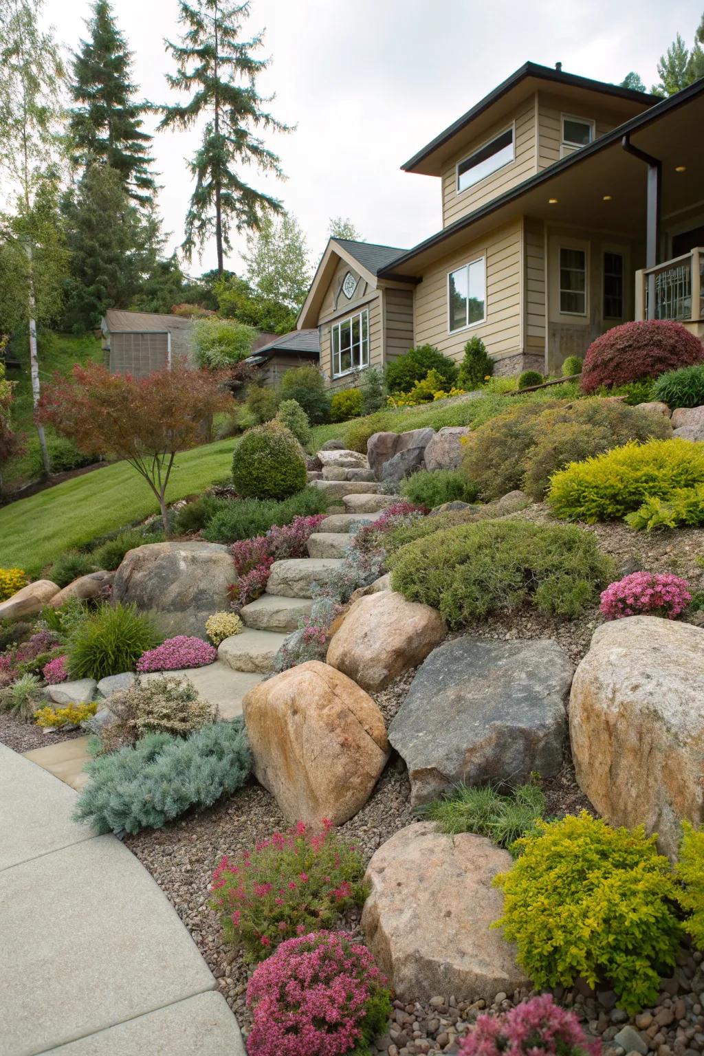 A rock garden that combines aesthetics with functionality on a sloped front yard.
