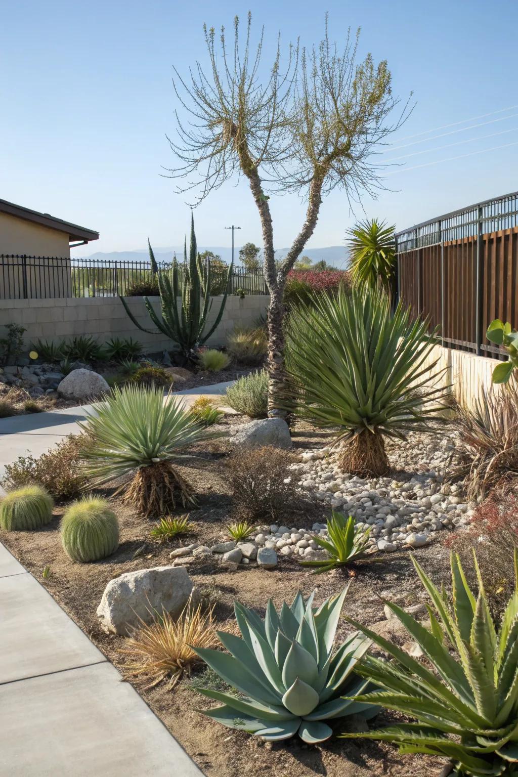 Native agaves and yuccas bring structure and sustainability to a xeriscape front garden.