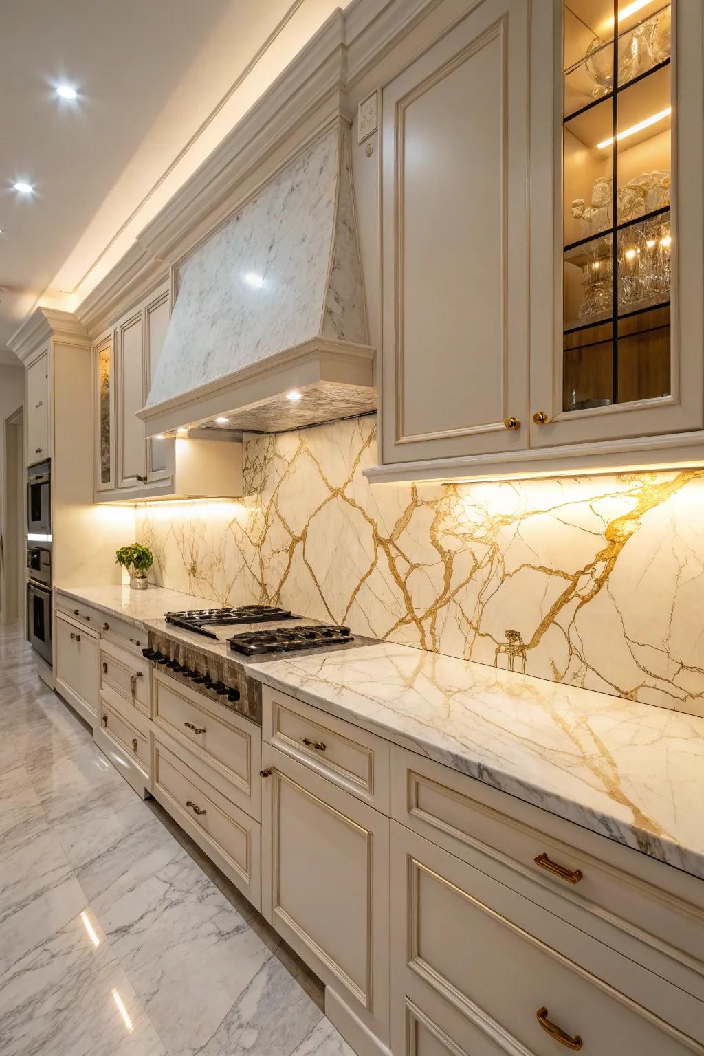 Luxury kitchen showcasing granite worktops and splashback.
