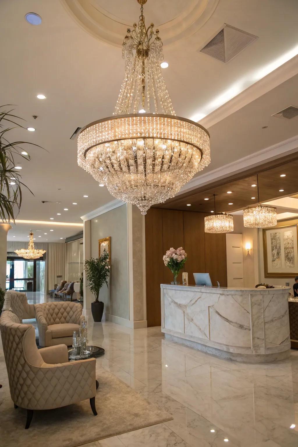 The elegance of a chandelier adds a touch of luxury.
