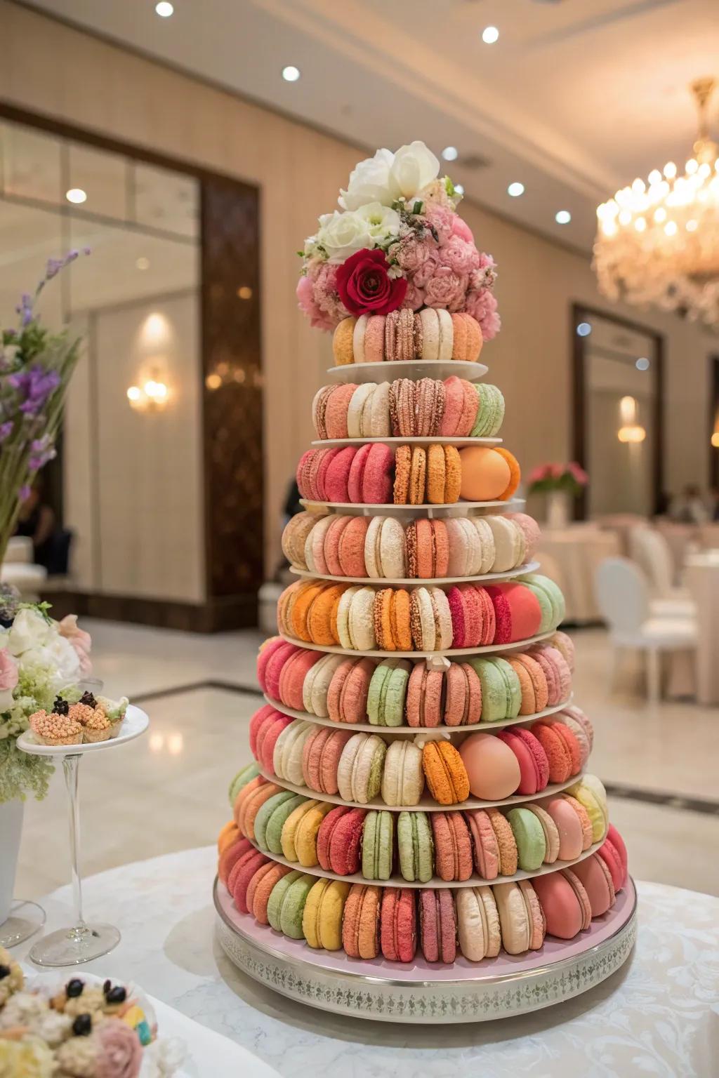 An elevated macaron display featuring colorful macarons and floral embellishments.