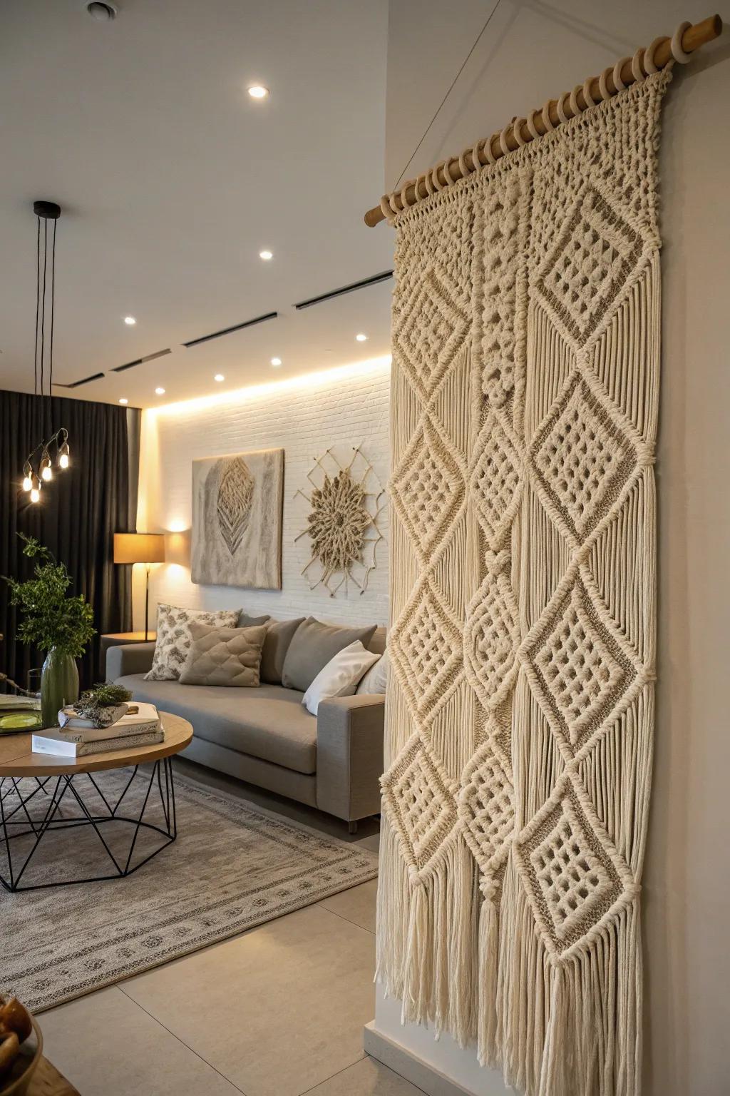 A prominent macrame wall piece that introduces a sense of sophistication to a lounge.