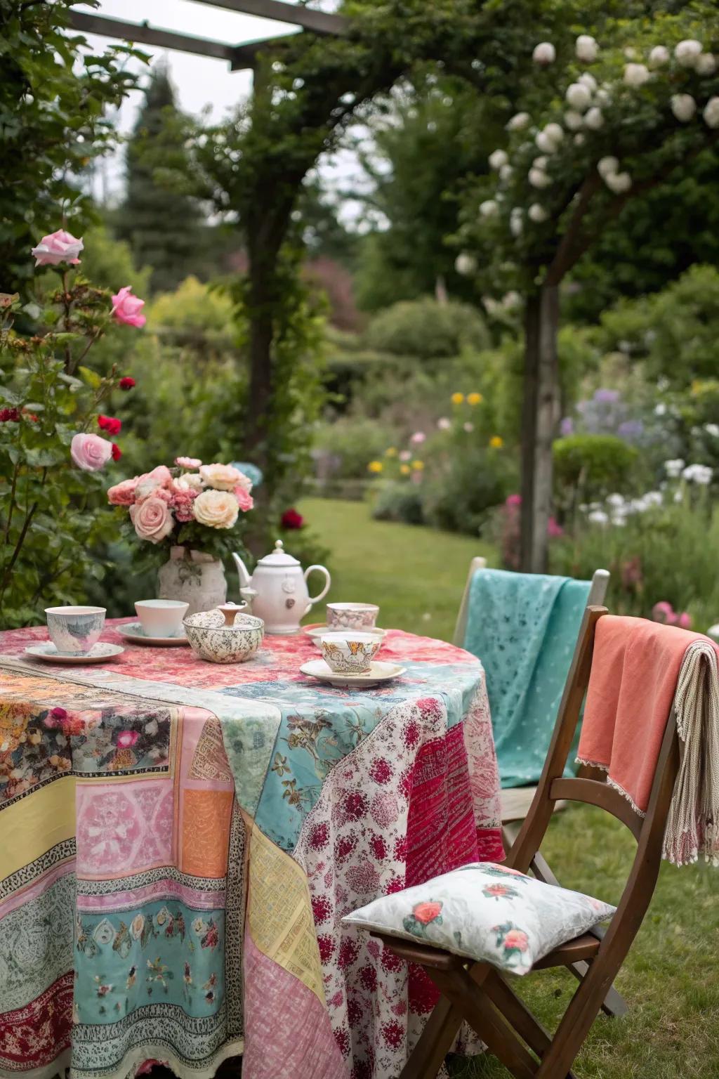 A vibrant tea table showcases mismatched teacups and layered tablecloths, perfect for a whimsical Mad Hatter celebration.