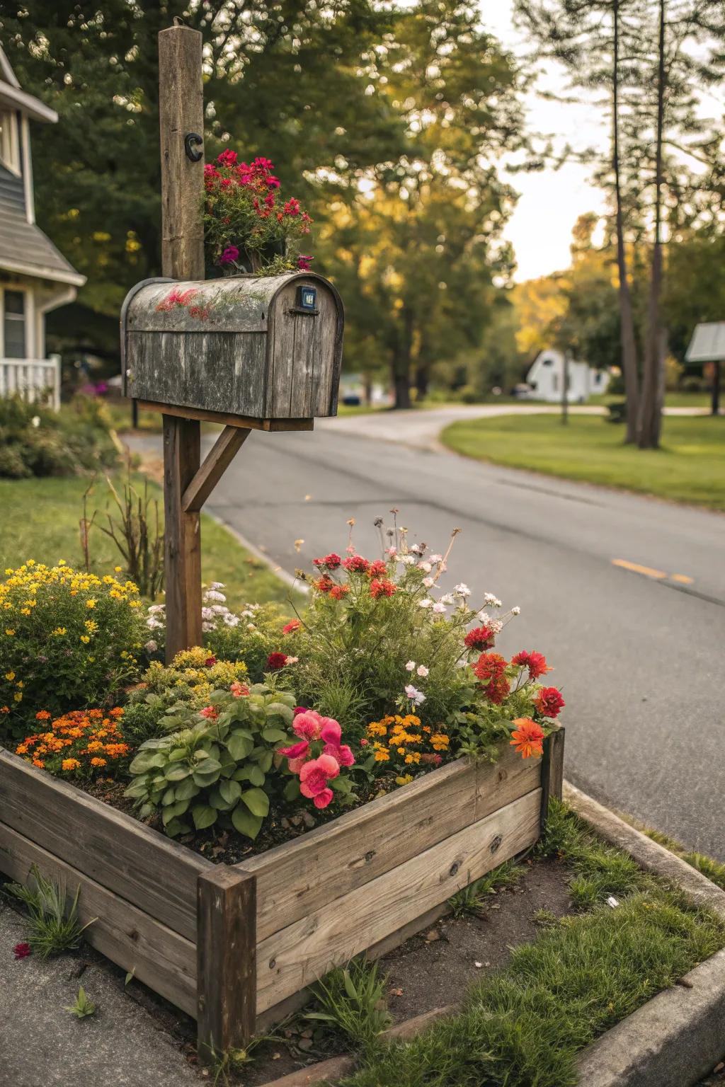 Wooden borders beautifully frame this charming mailbox flower bed.