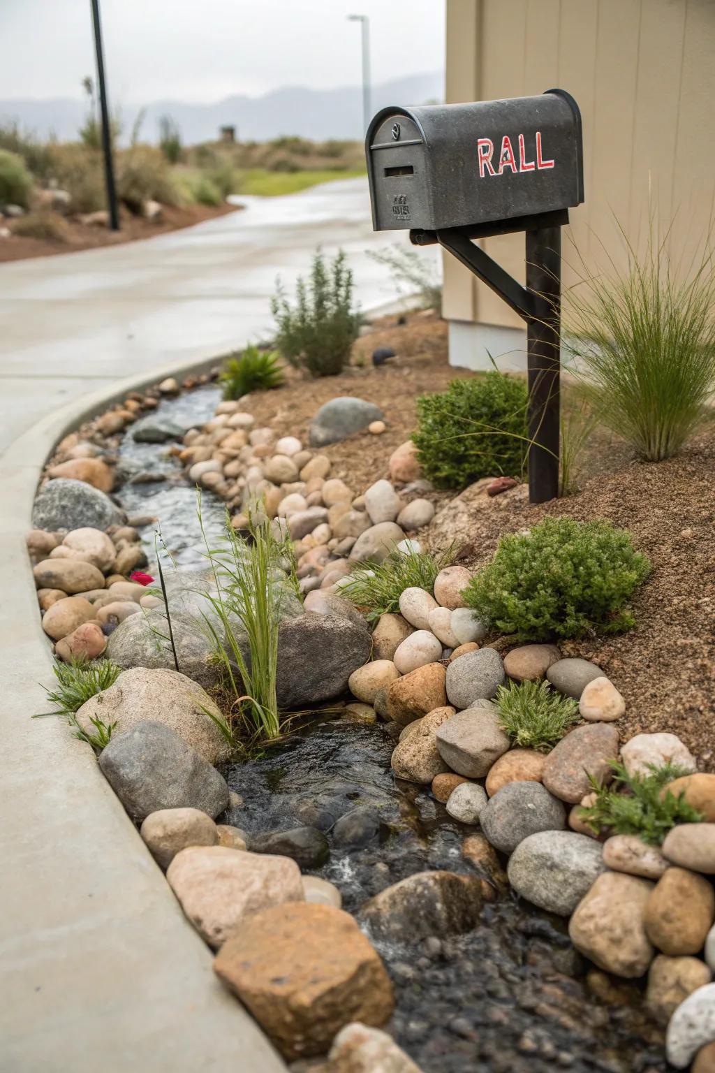 A serene stone design introduces tranquility to your mailbox setting.