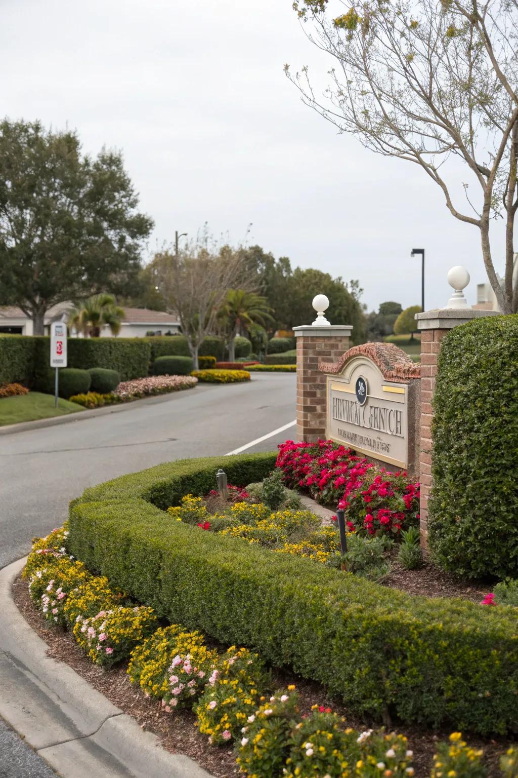 A neighborhood sign surrounded by vibrant blossoms.