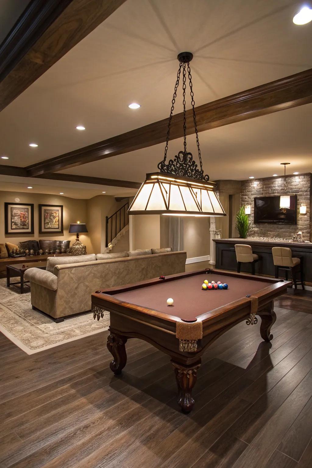 A classic pool table brings sophistication and amusement to your basement retreat.