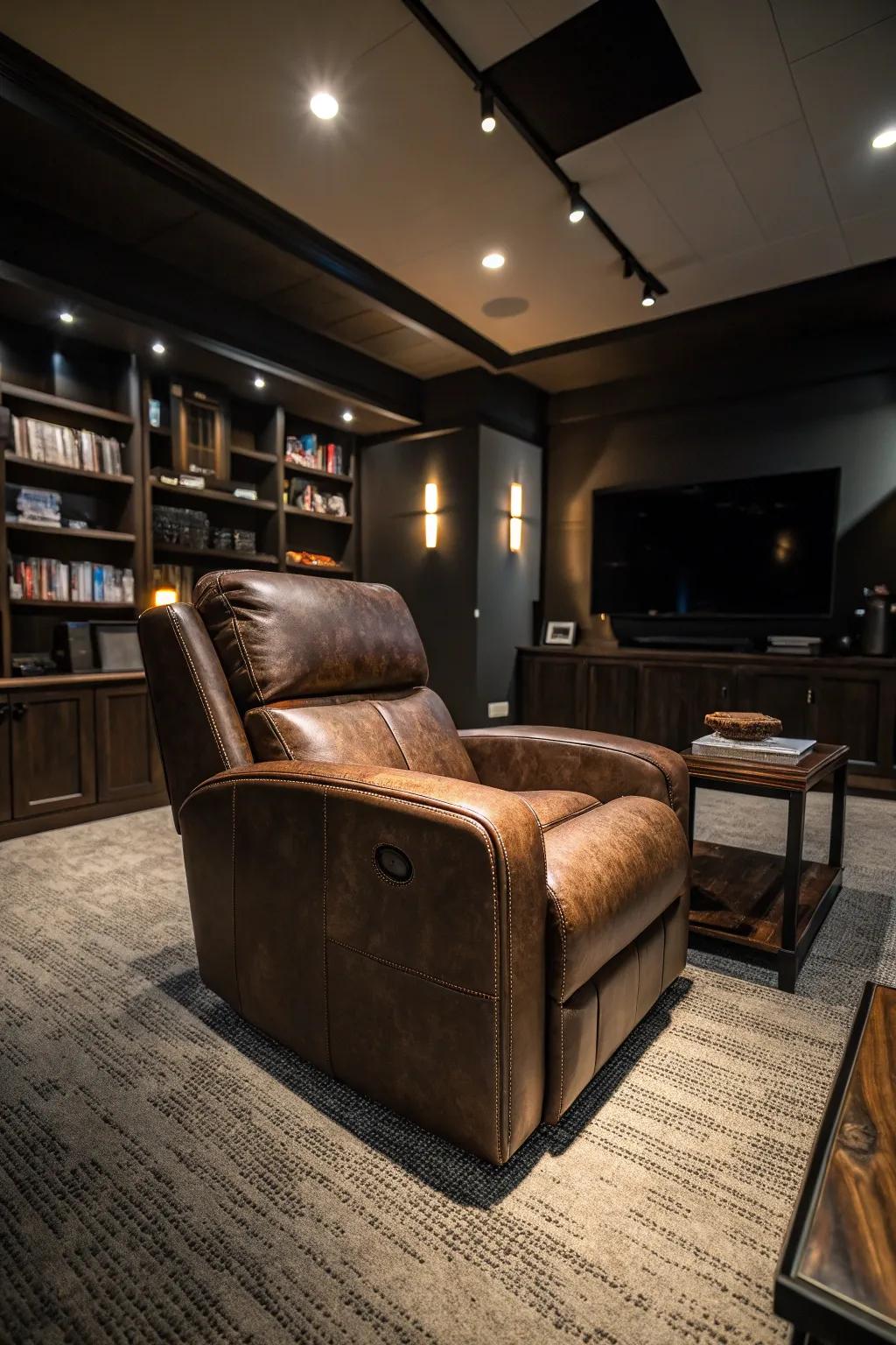 A timeless leather recliner brings elegance to your man cave.