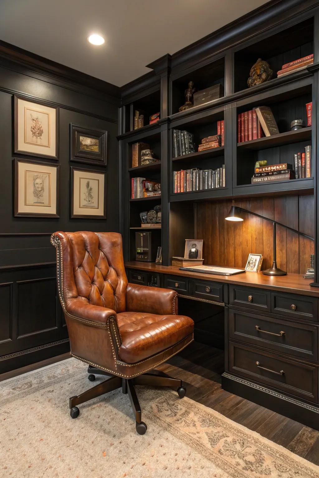 A comfortable leather chair enhances the office's ambiance.