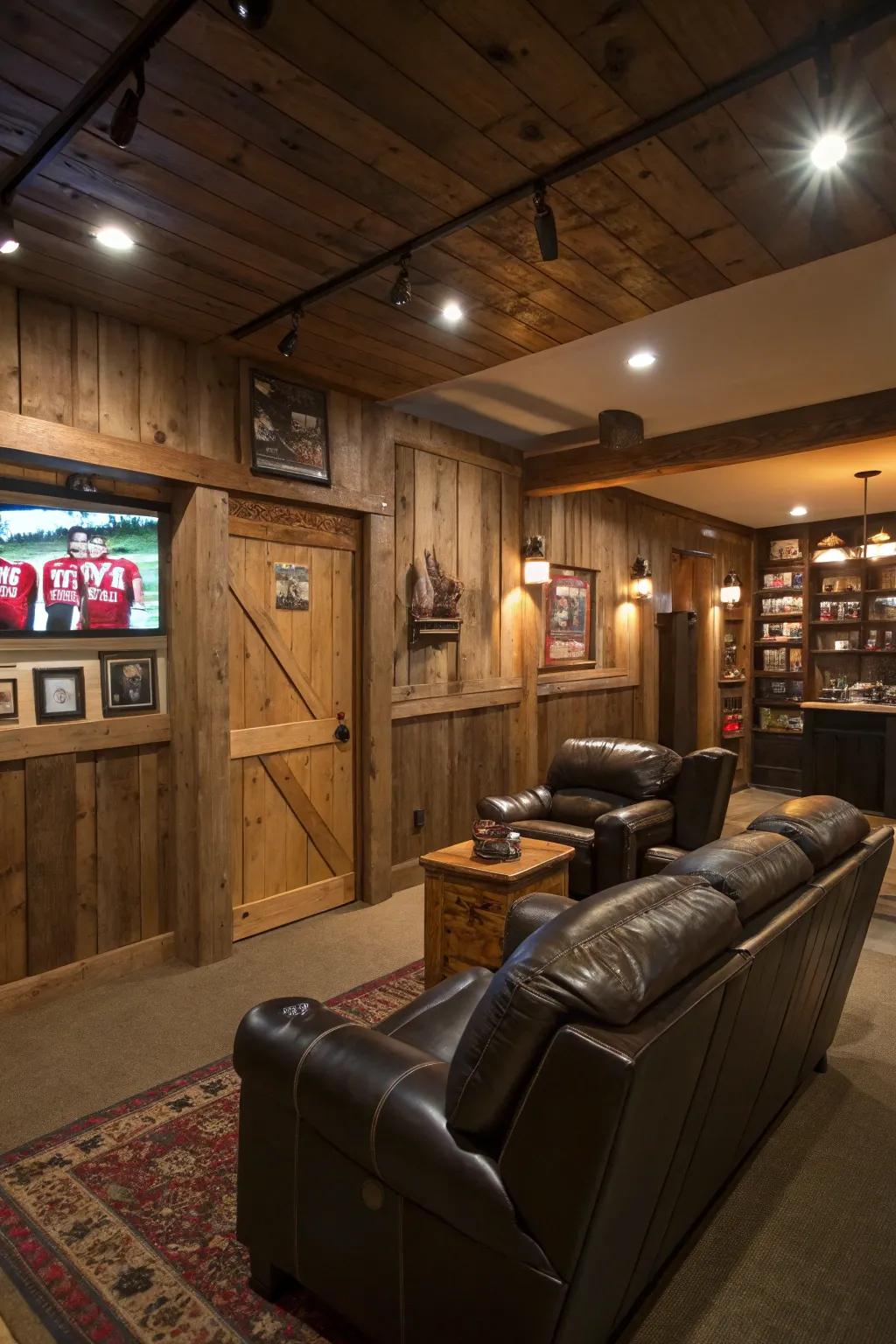 Rustic wood paneling adds warmth and character to your man cave.