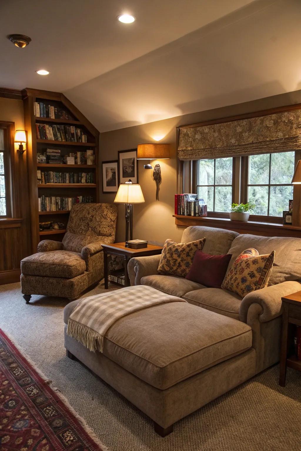 A comfortable seating area featuring plush seating and a sophisticated daybed.