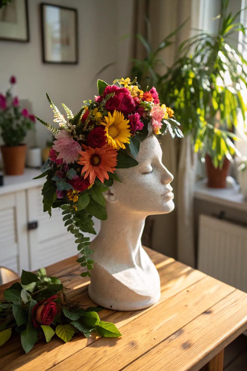 Botanical arrangements on mannequin heads infuse a hint of nature into any setting.