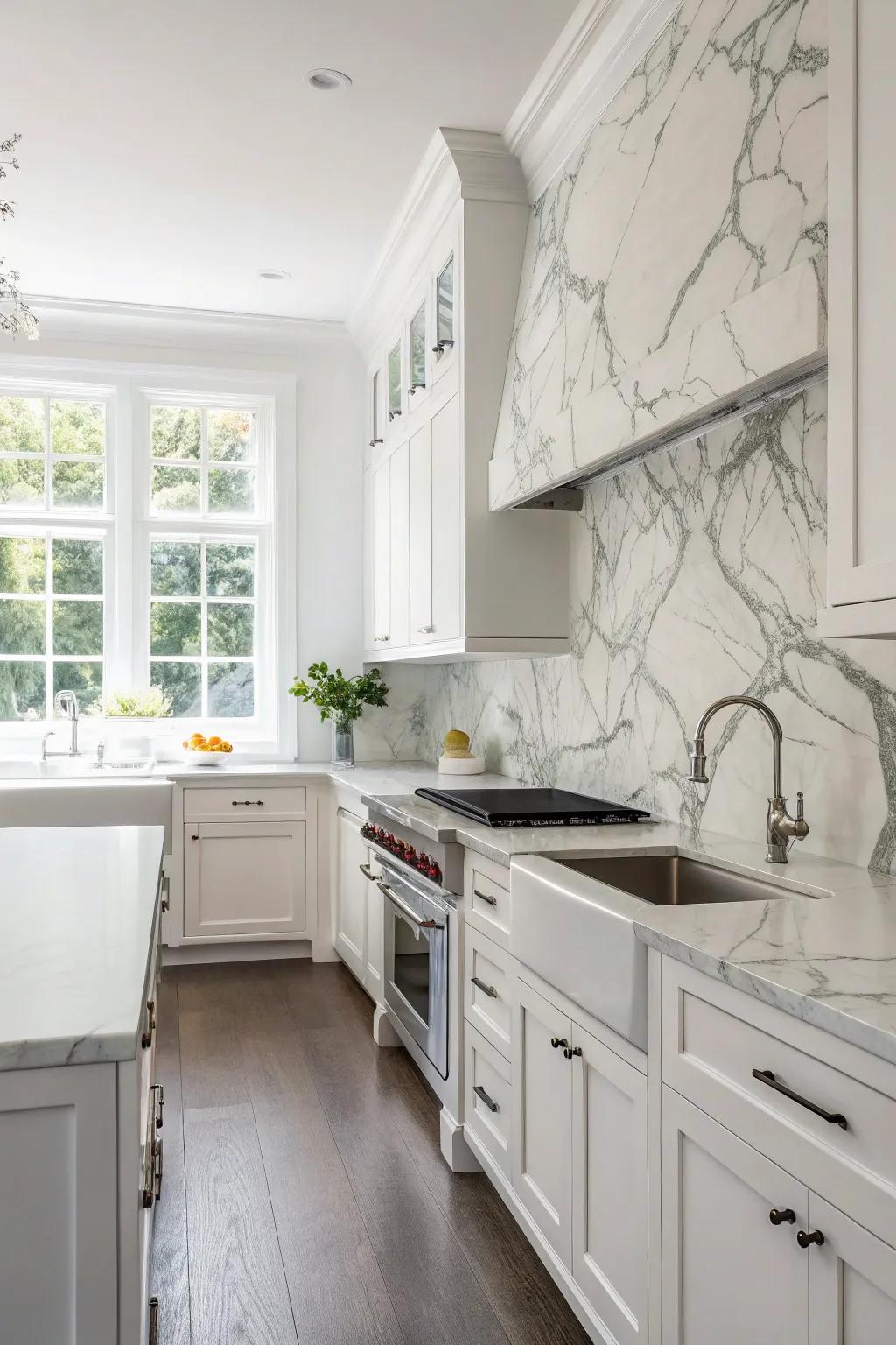 A kitchen featuring a classic white marble backsplash, radiating sophistication and simplicity.