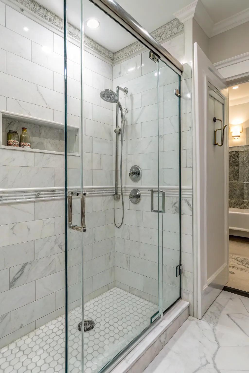 Icy white pavers give your shower area timeless elegance.