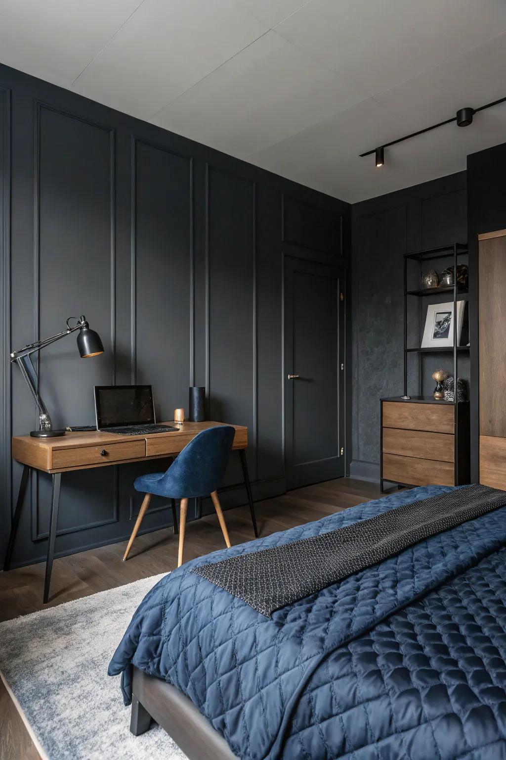 Dark tones establish a striking and tranquil atmosphere ideal for unwinding.