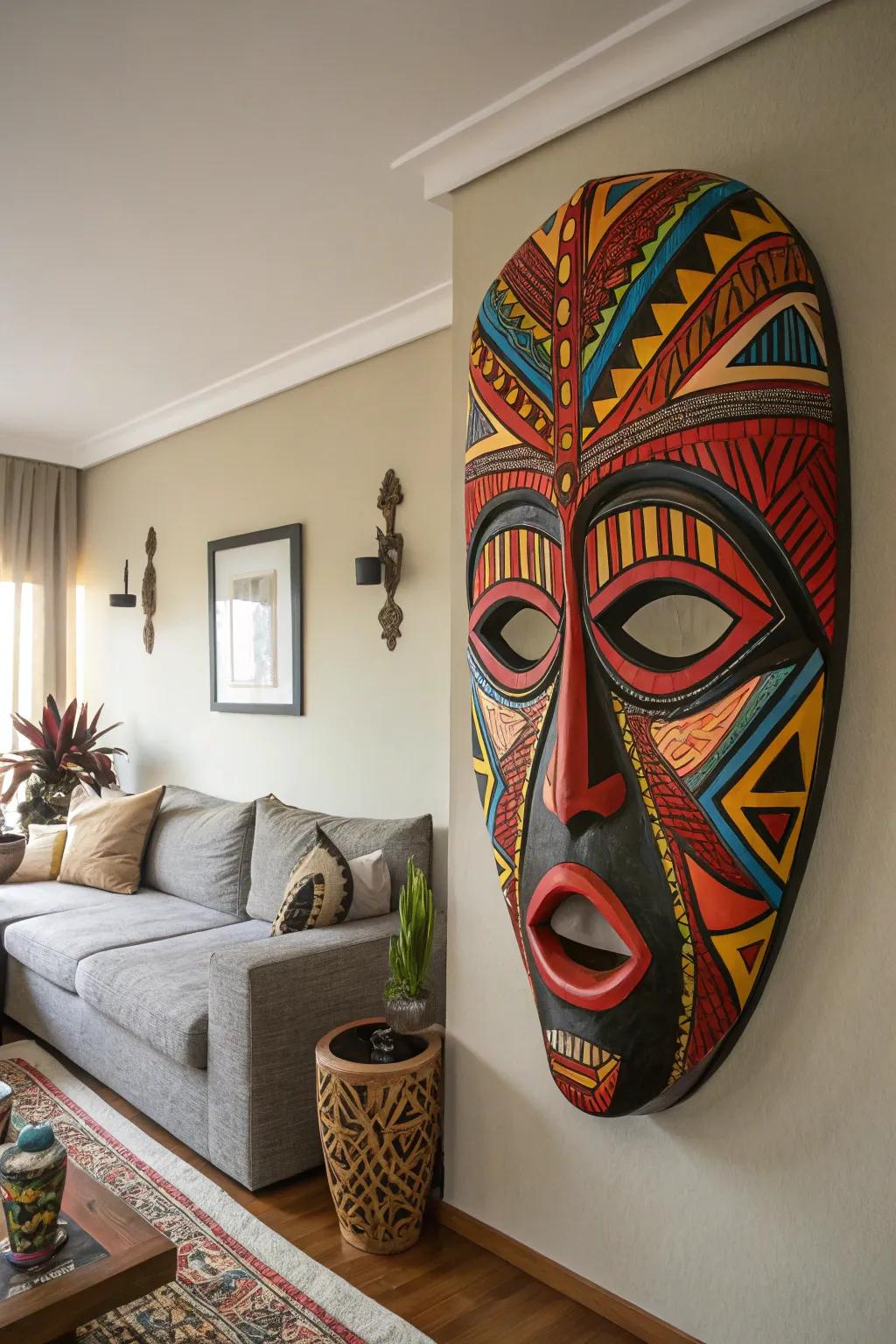 An abstract mask sculpture that adds a pop of color to any room.