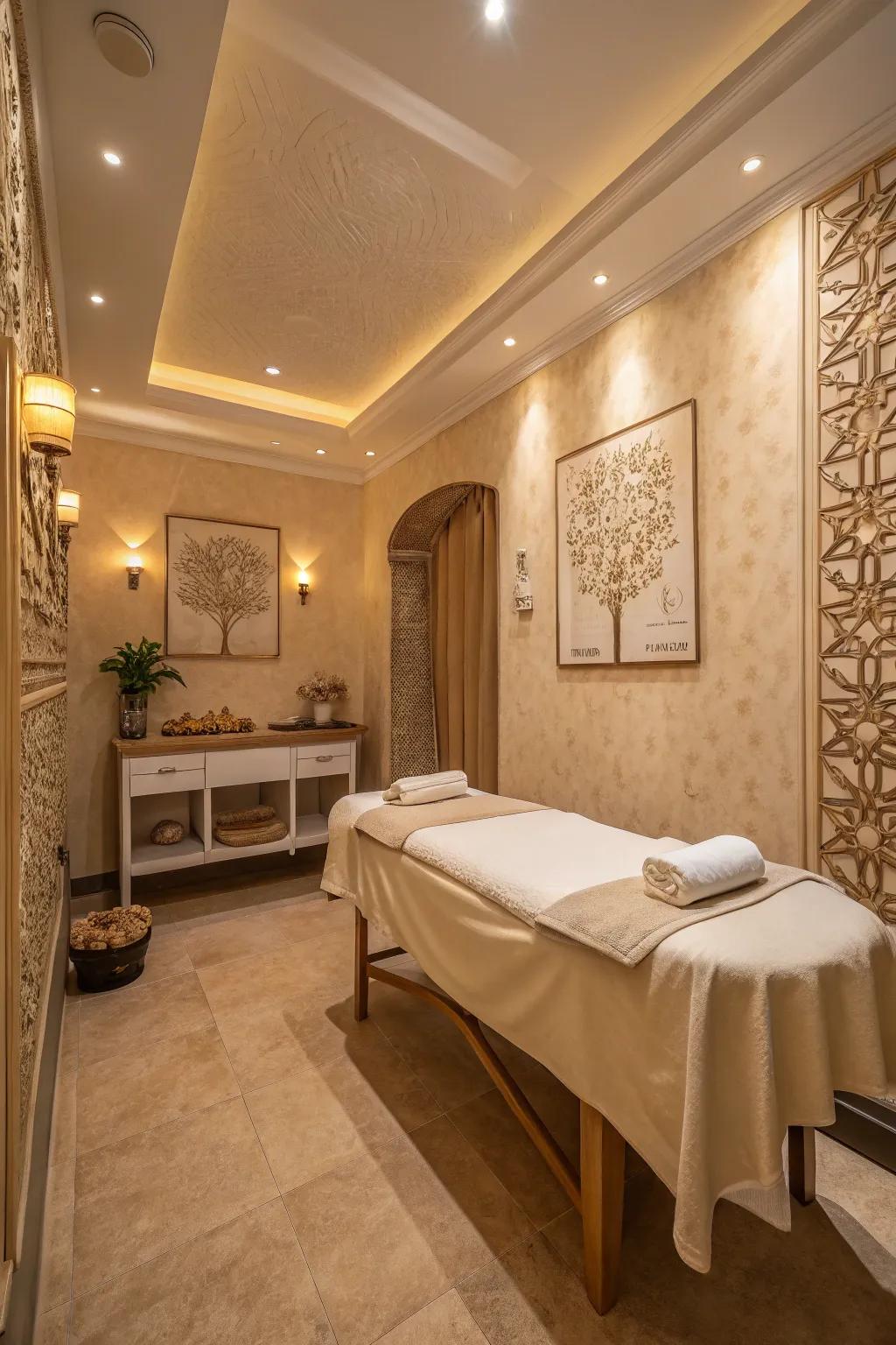 A massage room featuring a calming beige and cream color scheme.