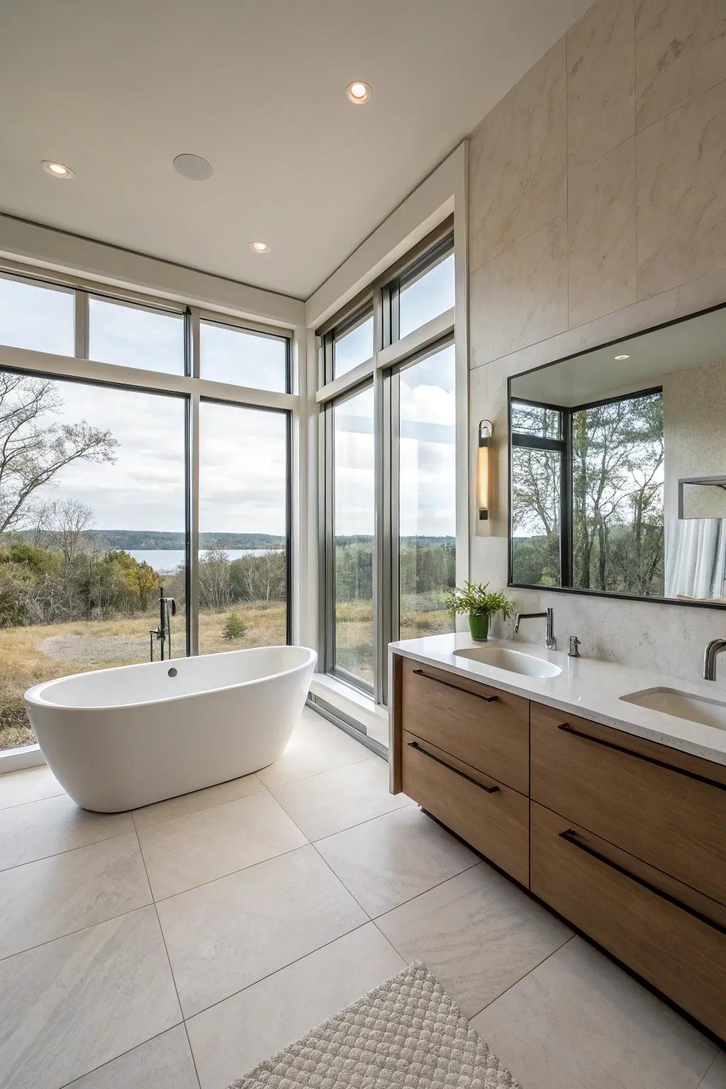 An open concept primary bathroom providing a smooth and spacious ambiance.