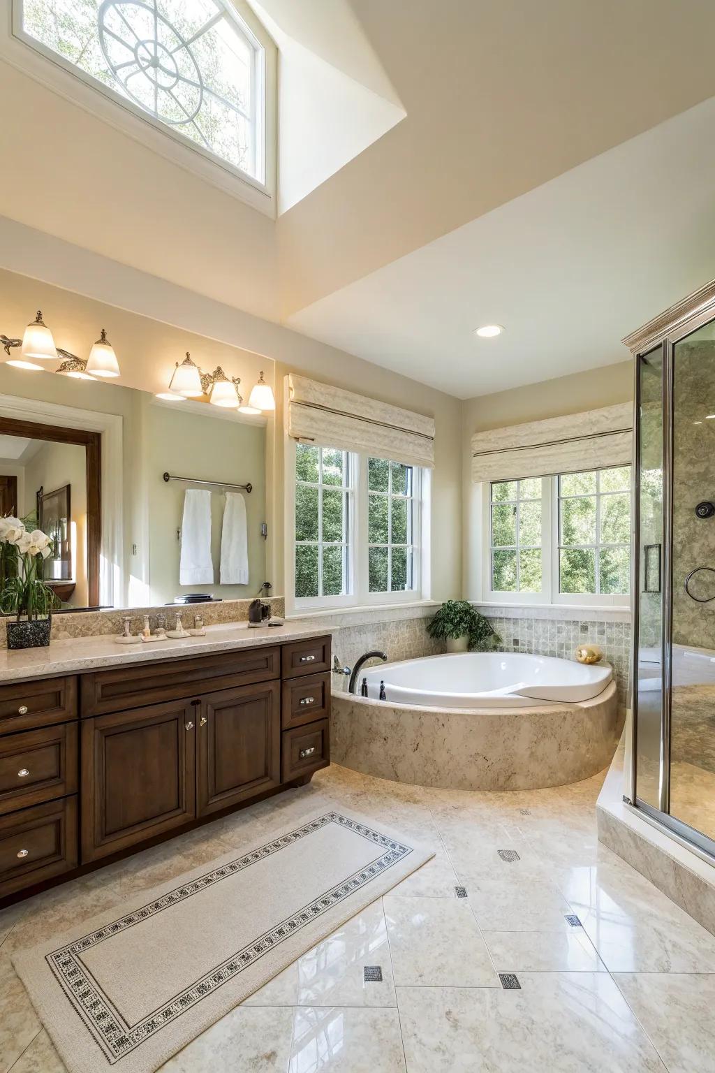 A primary bathroom with a generous design that emphasizes the central whirlpool tub.
