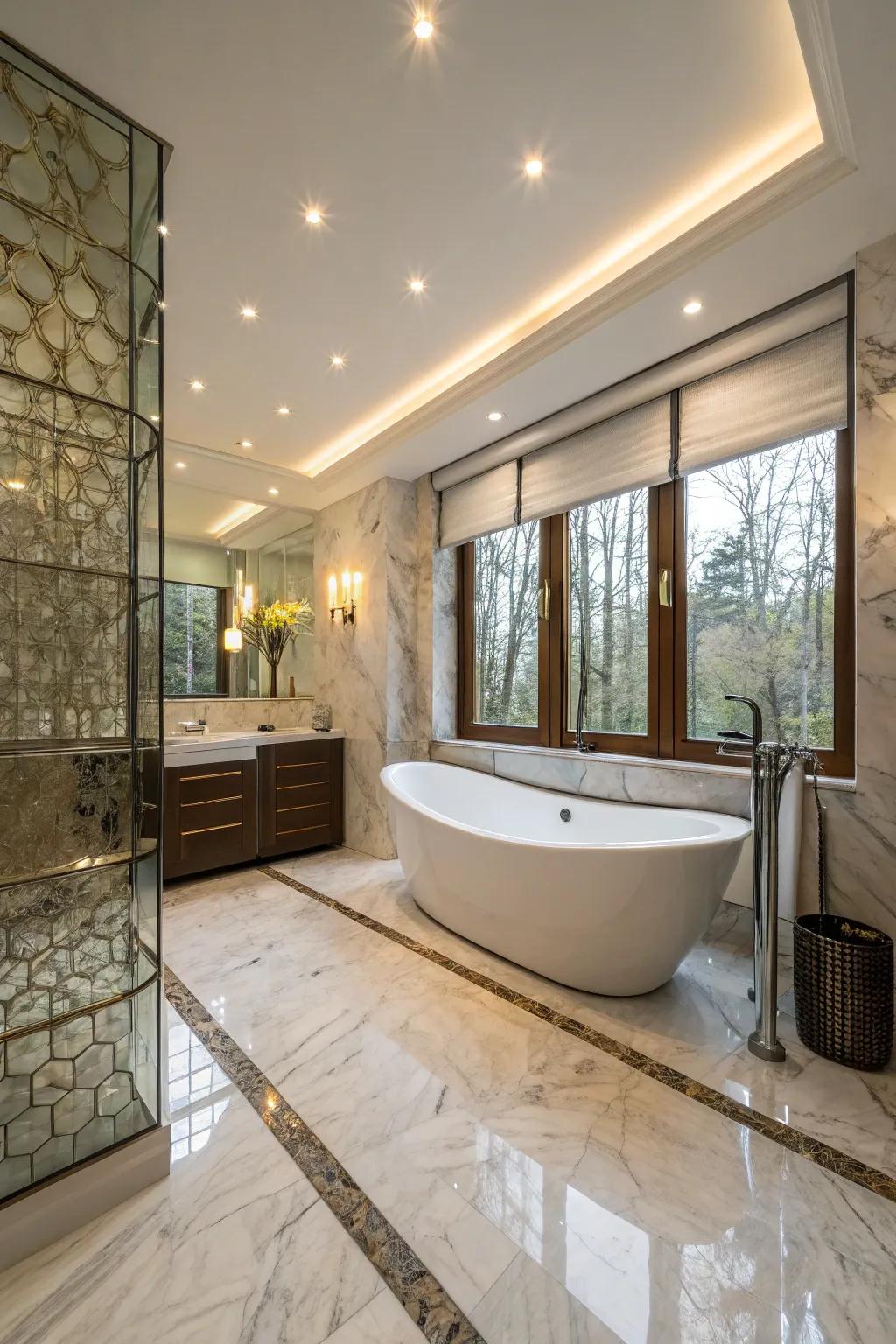 Modern freestanding bathtub commanding attention in a sumptuous bathroom.