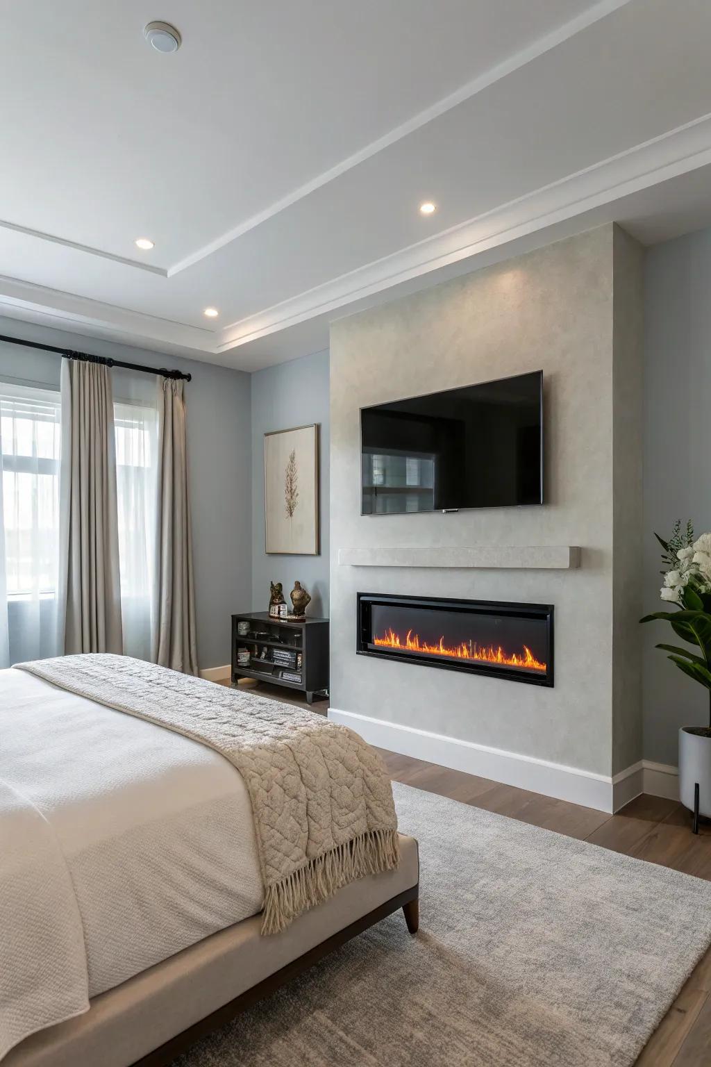 A modern minimalist bedroom with a sleek electric fireplace adds a touch of contemporary elegance.