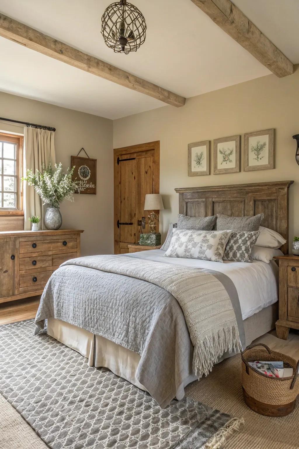 A serene farmhouse bedroom featuring a neutral color palette