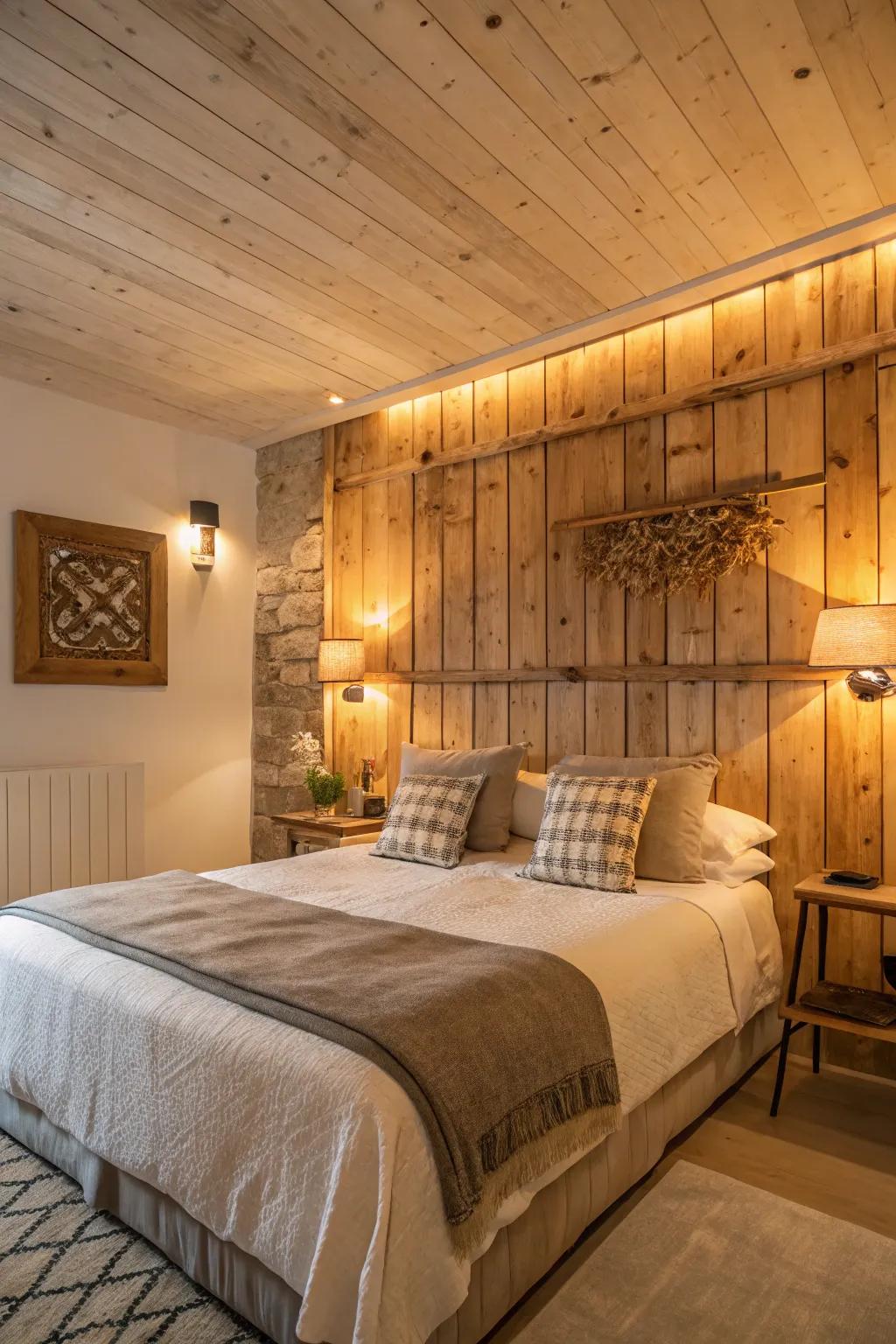 Feel the warmth of raw timber accents create an inviting headboard wall.