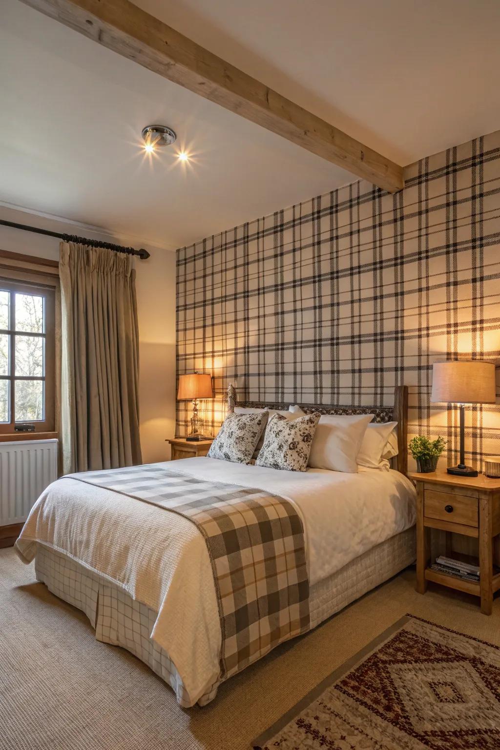 Checkered wallpaper brings a timeless element to a cozy bedroom setting.