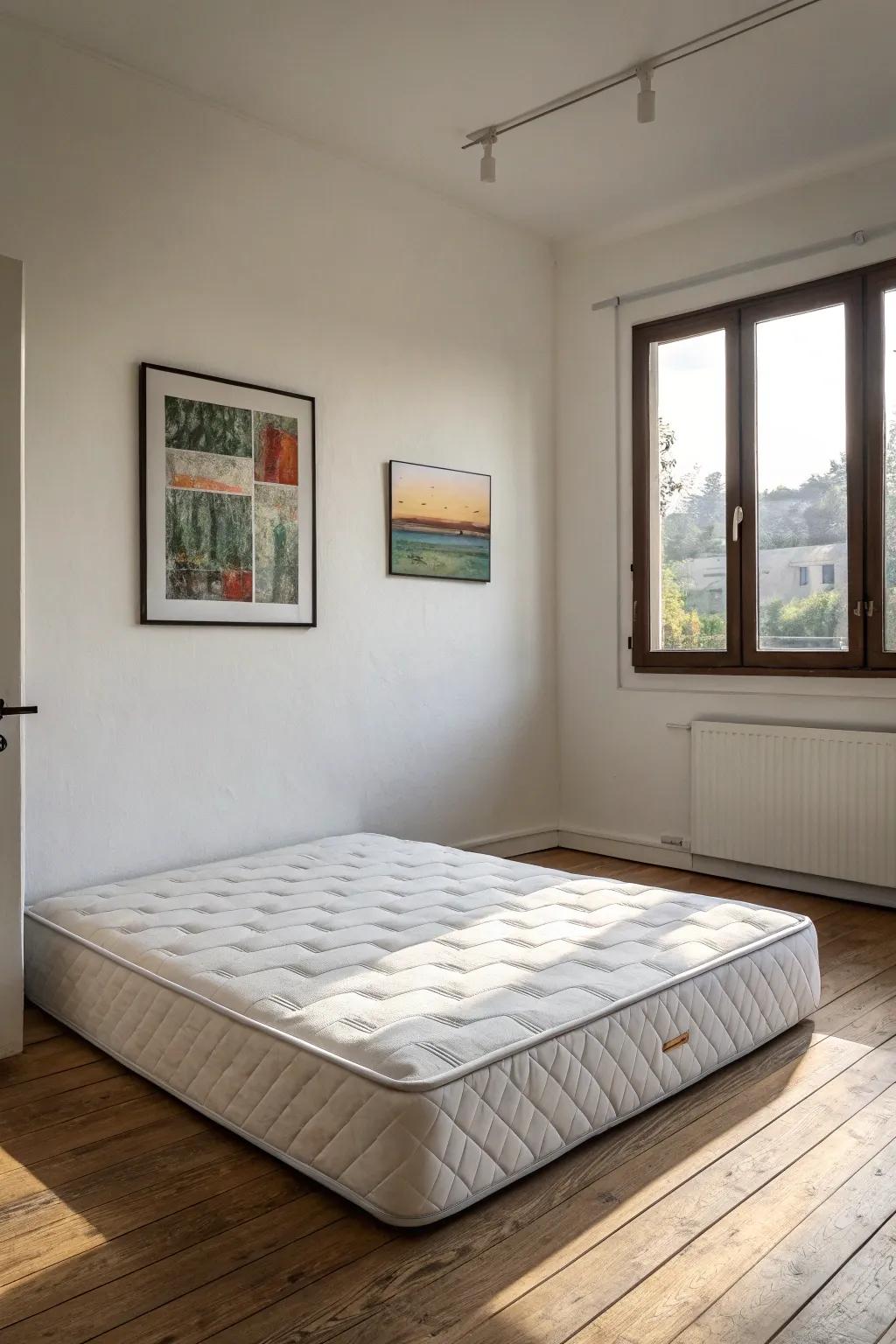 A minimalist bedroom featuring clean lines and a mattress directly on the floor.
