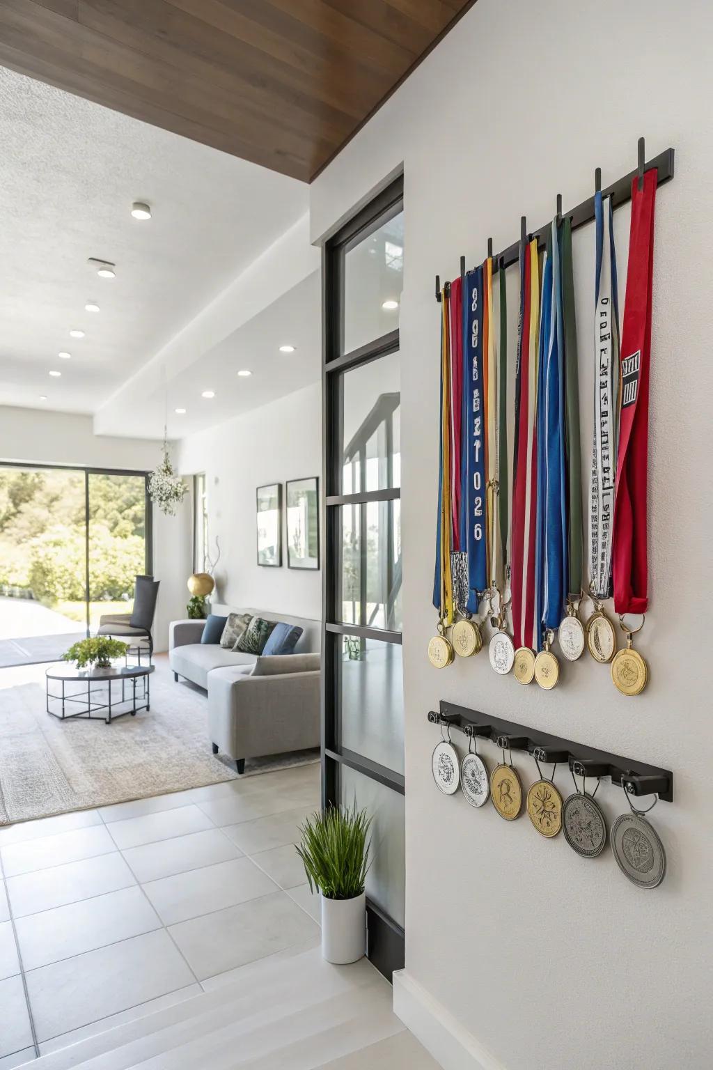 Enhance your space with chic wall-mounted racks for displaying your medals.