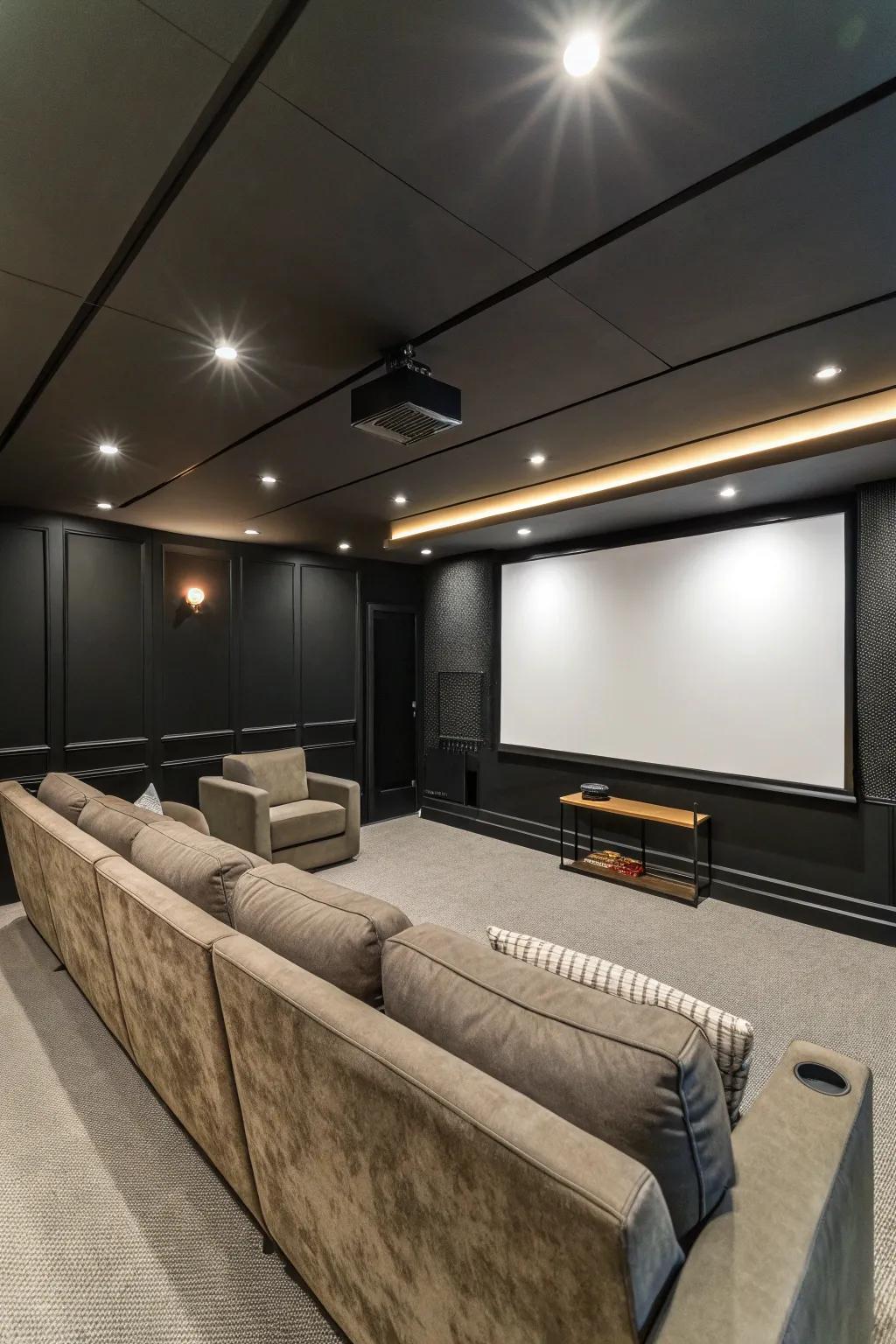 Media room showcasing matte black walls, intensifying the screen's contrast and visual focus.