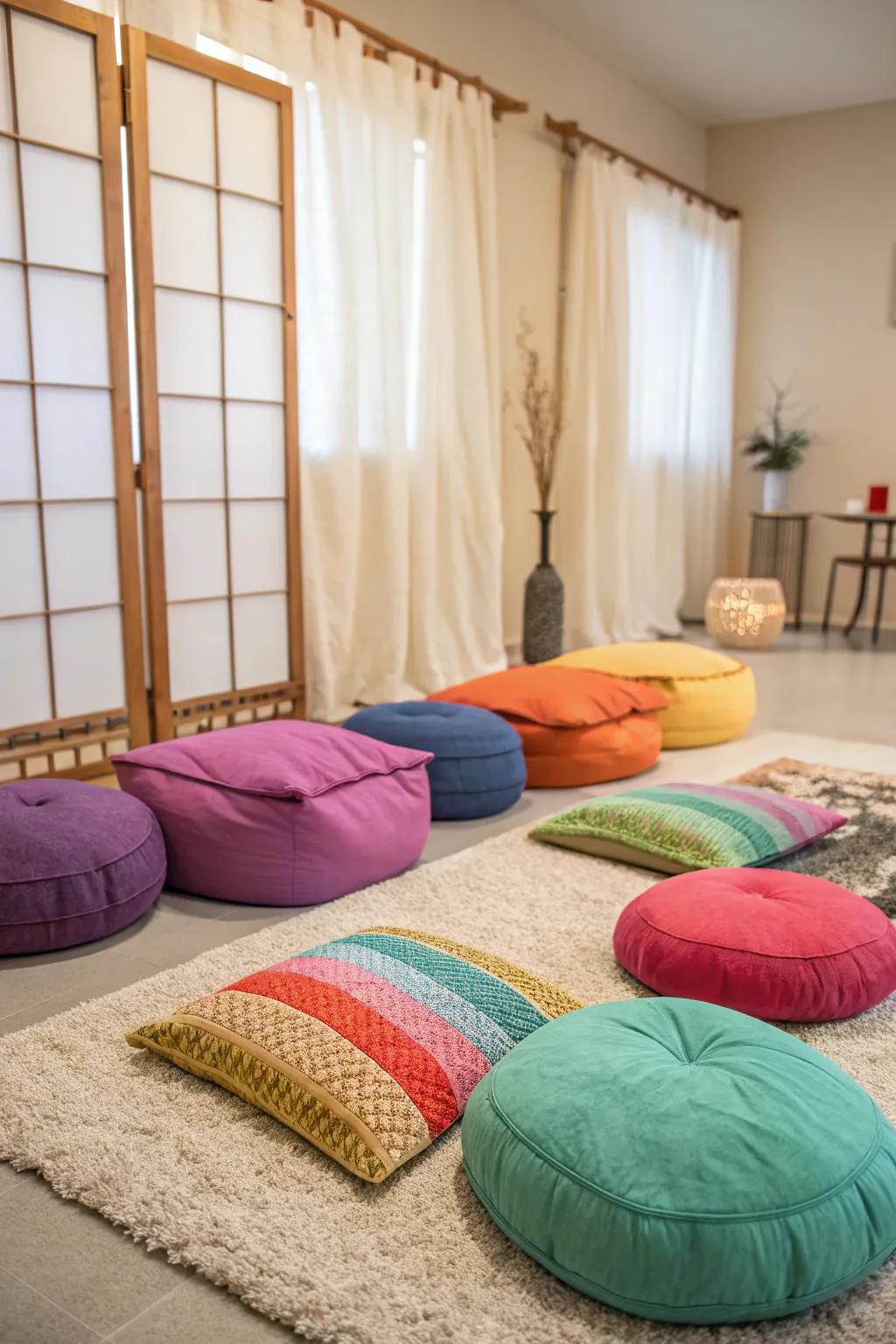 Mix and match cushions to create a warm and inviting meditation space.